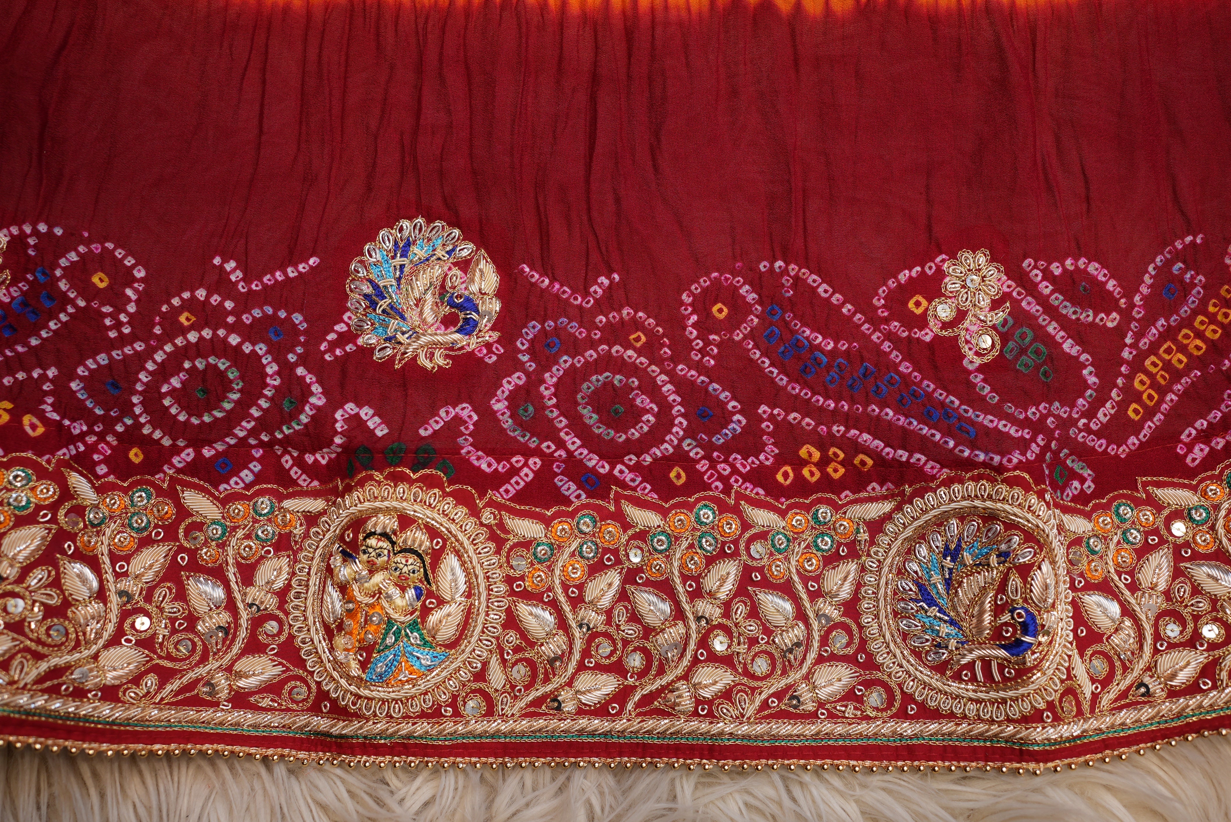 SHEKHAWATI RAI BANDHEJ OJARIYA PILA WITH ZARDOZI HANDWORK ALONG WITH RADHA KRISHAN AND PEACOCK MOTIFS ##HP01