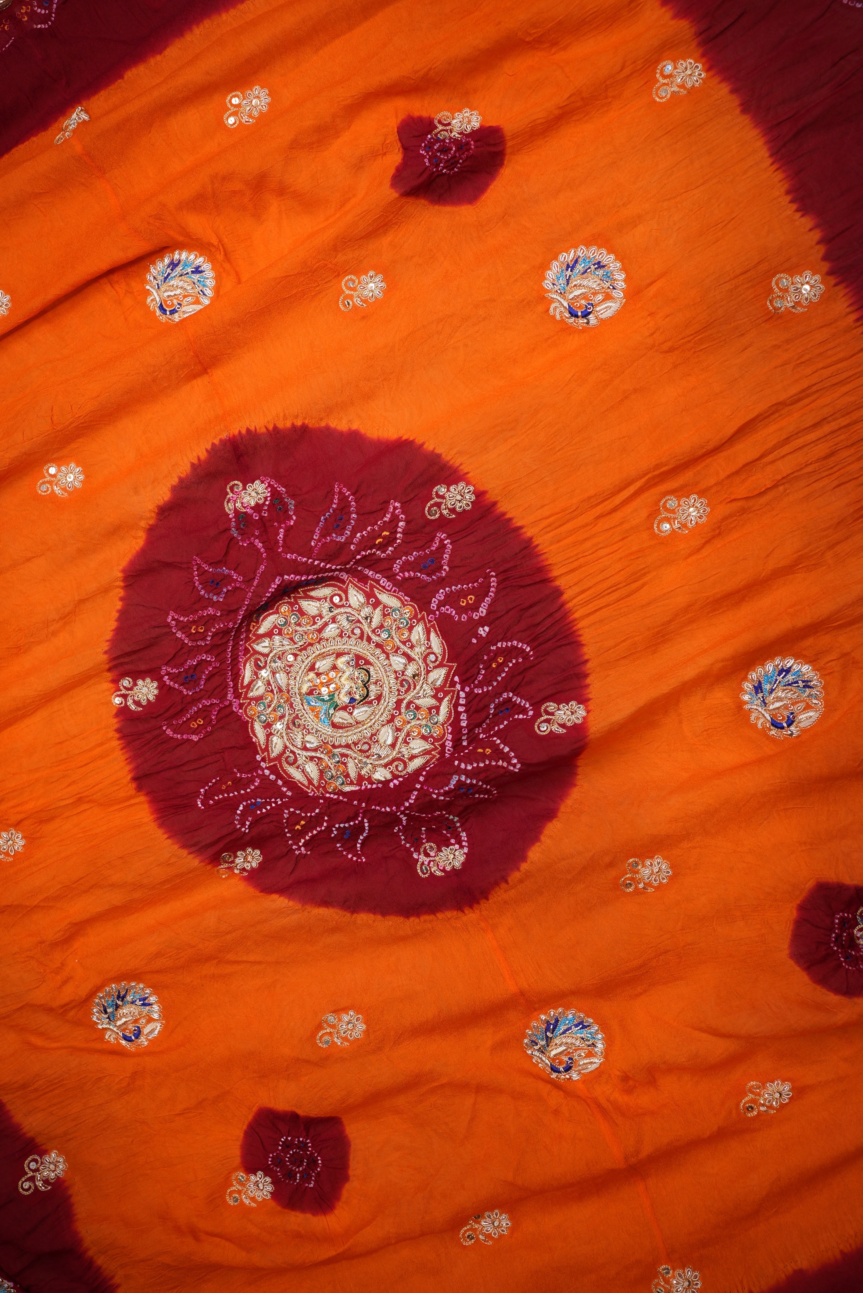 SHEKHAWATI RAI BANDHEJ OJARIYA PILA WITH ZARDOZI HANDWORK ALONG WITH RADHA KRISHAN AND PEACOCK MOTIFS ##HP01