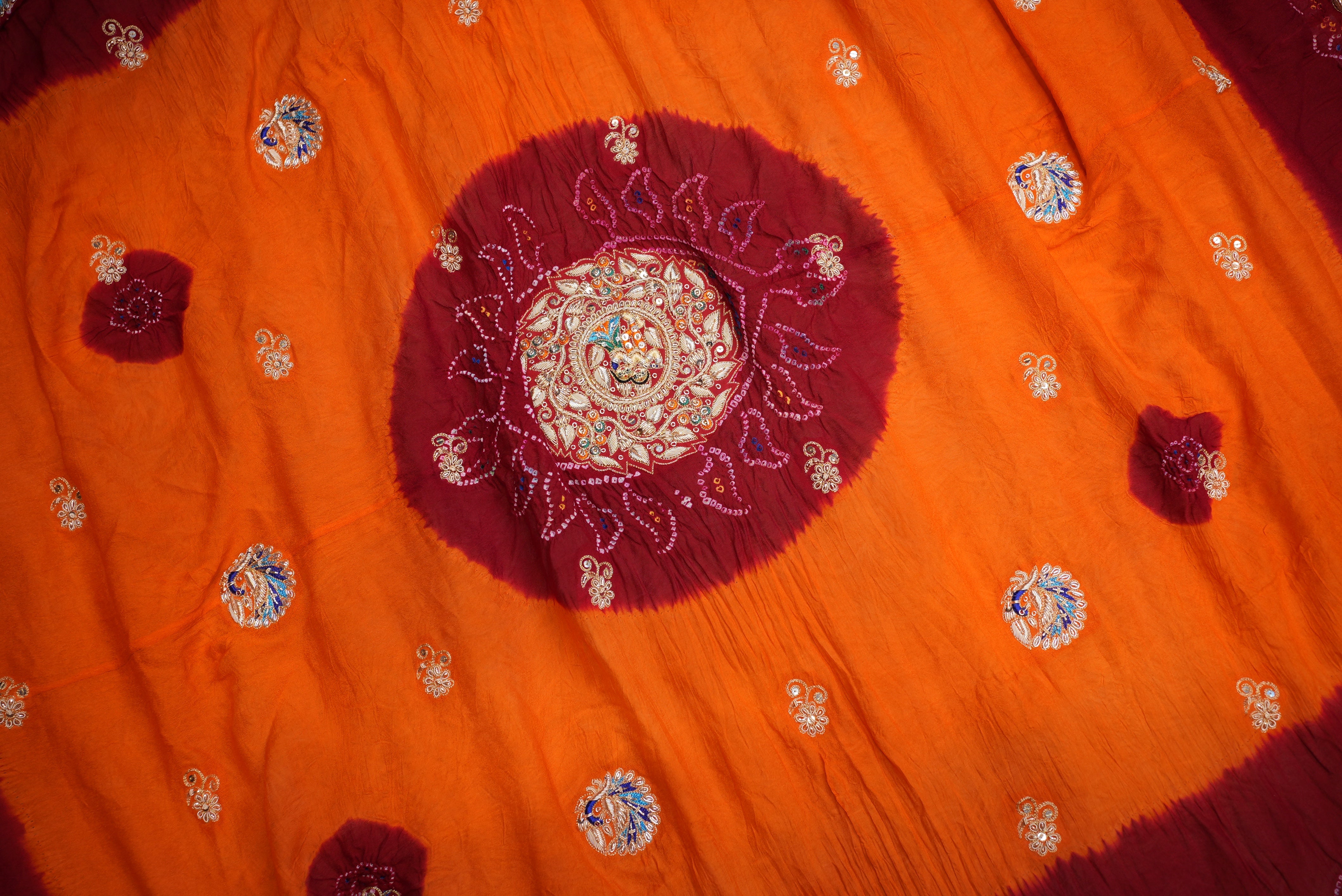 SHEKHAWATI RAI BANDHEJ OJARIYA PILA WITH ZARDOZI HANDWORK ALONG WITH RADHA KRISHAN AND PEACOCK MOTIFS ##HP01