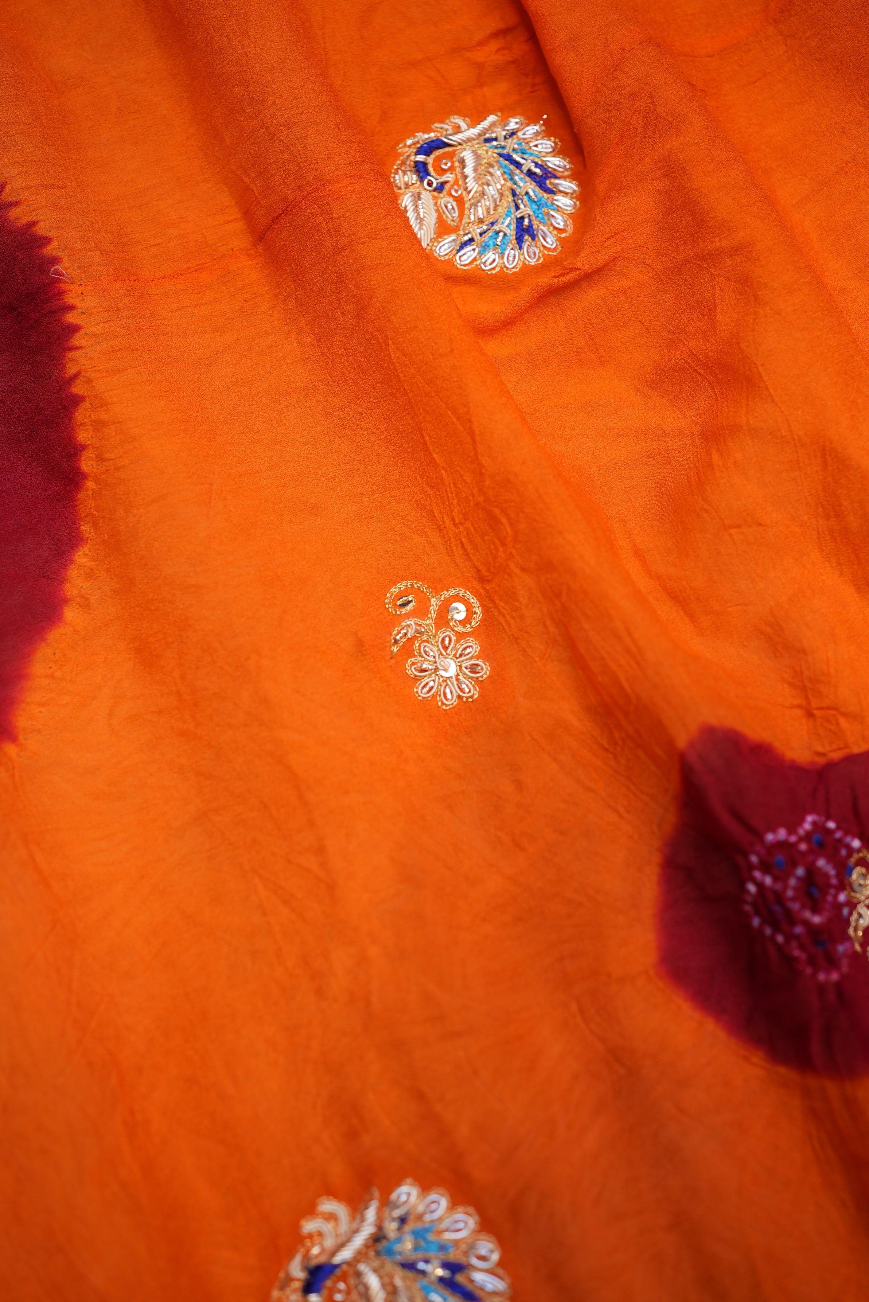 SHEKHAWATI RAI BANDHEJ OJARIYA PILA WITH ZARDOZI HANDWORK ALONG WITH RADHA KRISHAN AND PEACOCK MOTIFS ##HP01