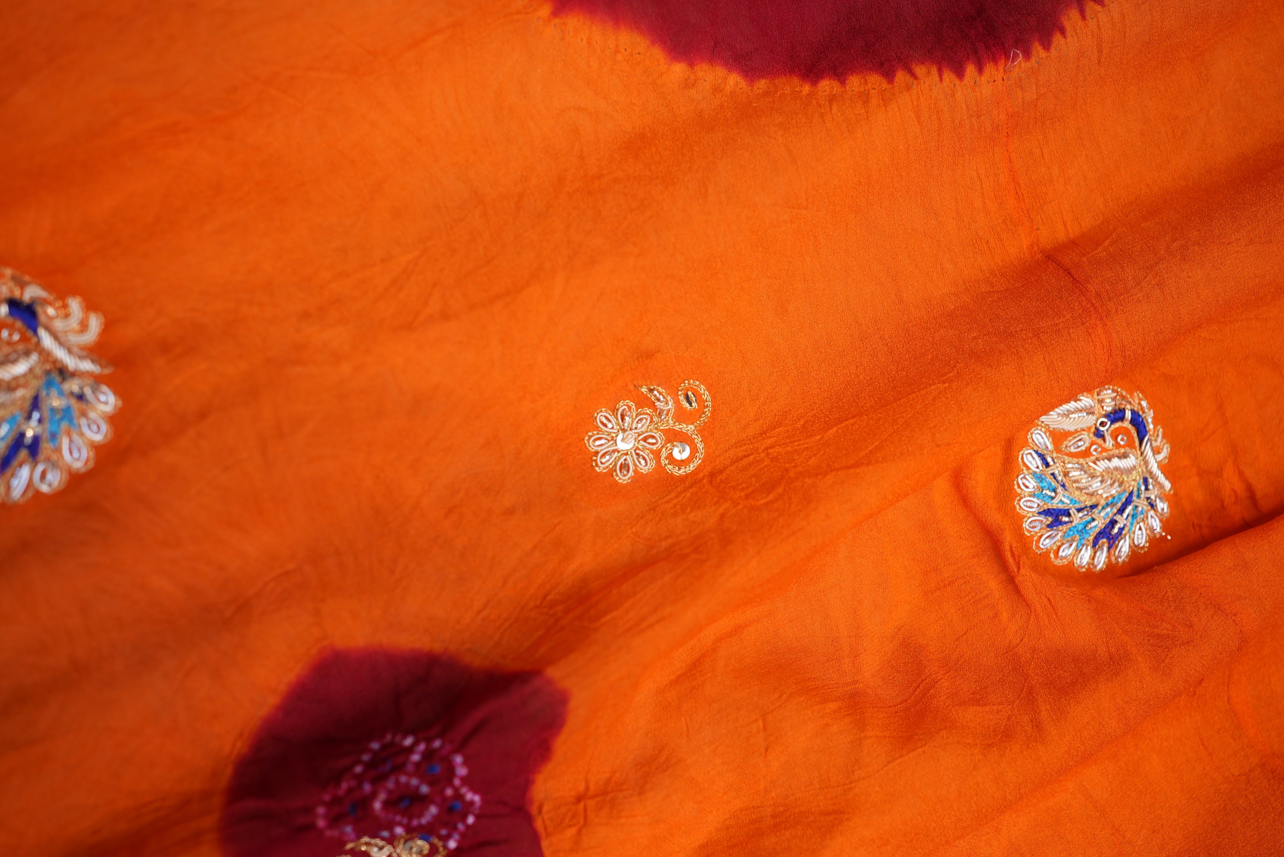 SHEKHAWATI RAI BANDHEJ OJARIYA PILA WITH ZARDOZI HANDWORK ALONG WITH RADHA KRISHAN AND PEACOCK MOTIFS ##HP01