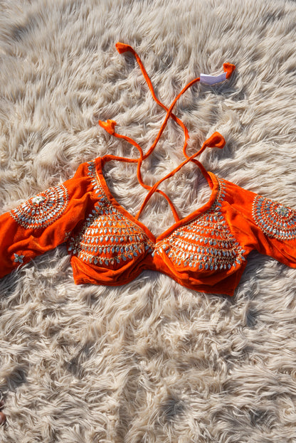 KESARIYA GHUNGHROO RAJASTHANI HANDWORK AANGI BLOUSE WITH KACHI GOTAPATTI WORK (CUSTOMIZABLE) ##HB107