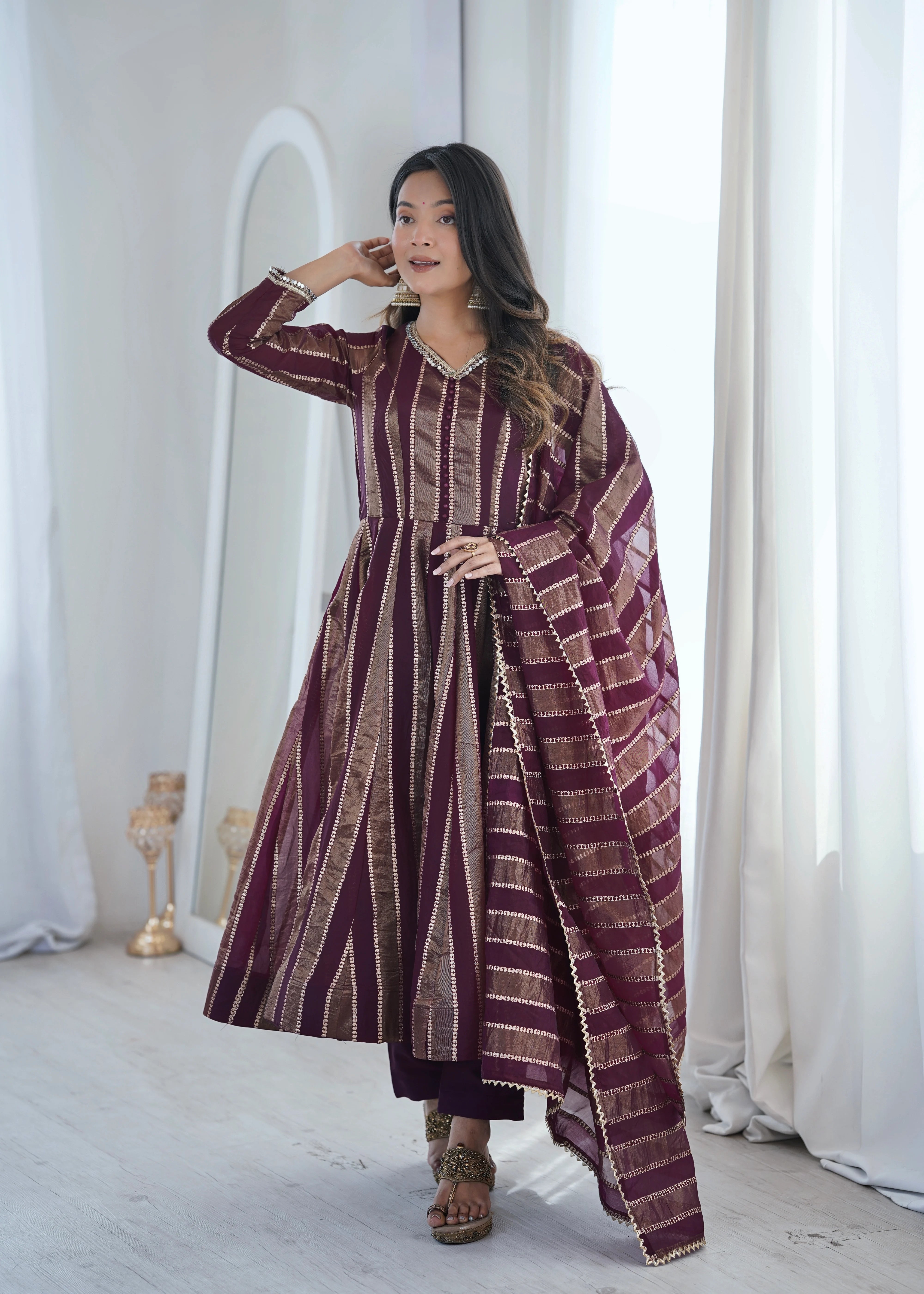 Designer Party Wear Jacquard Gown with Dupatta (3-Piece Set)
