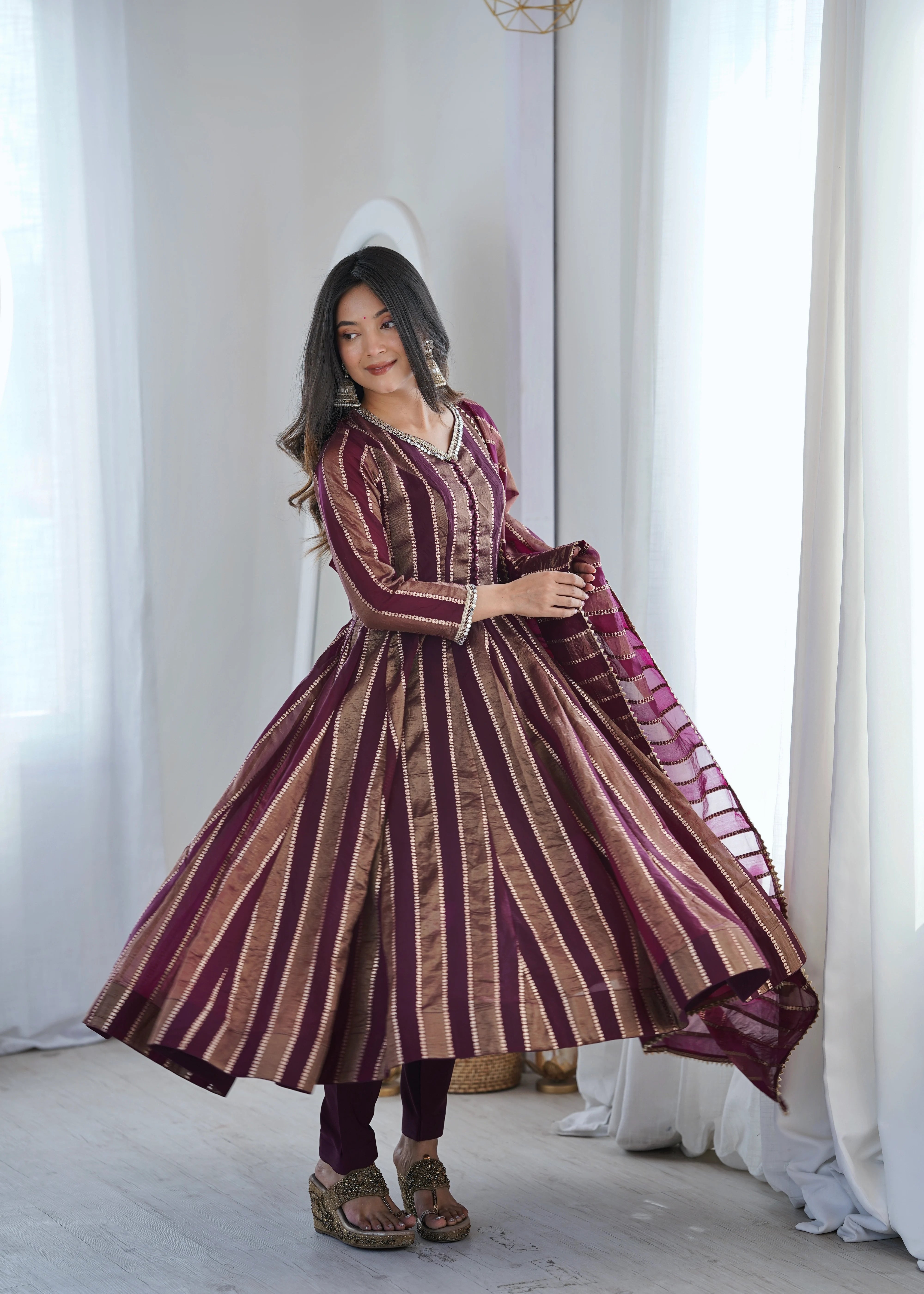 Designer Party Wear Jacquard Gown with Dupatta (3-Piece Set)