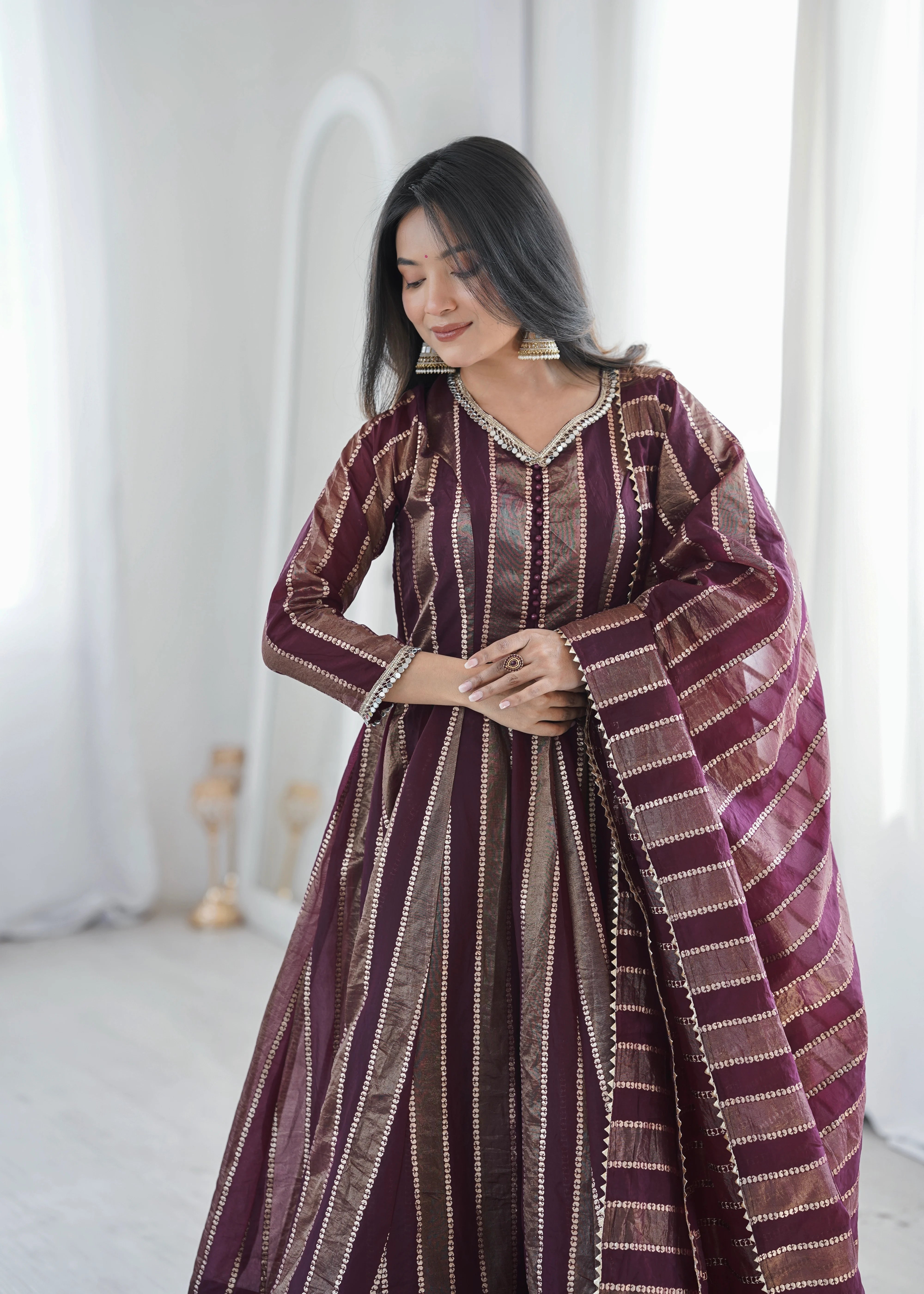 Designer Party Wear Jacquard Gown with Dupatta (3-Piece Set)