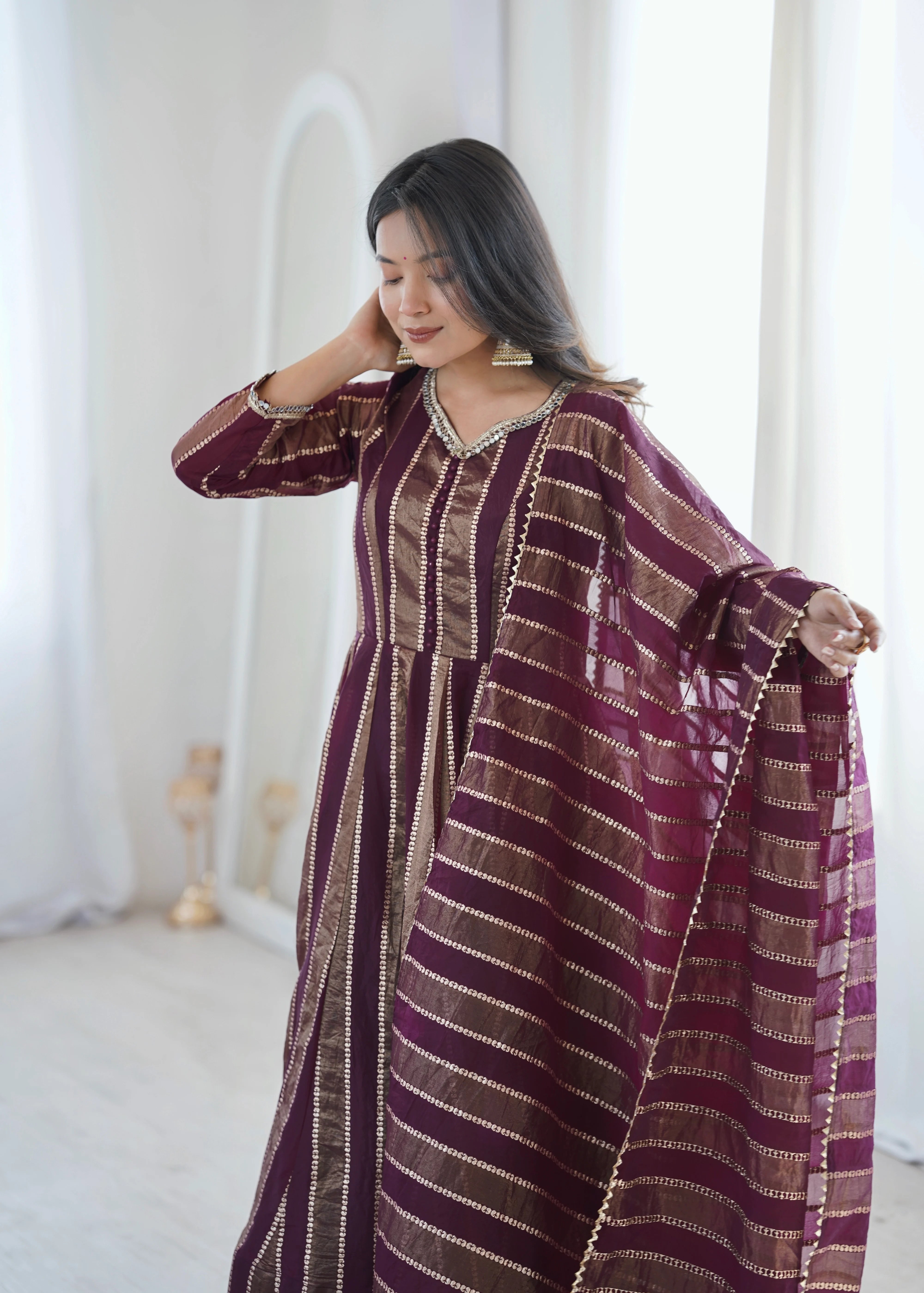 Designer Party Wear Jacquard Gown with Dupatta (3-Piece Set)