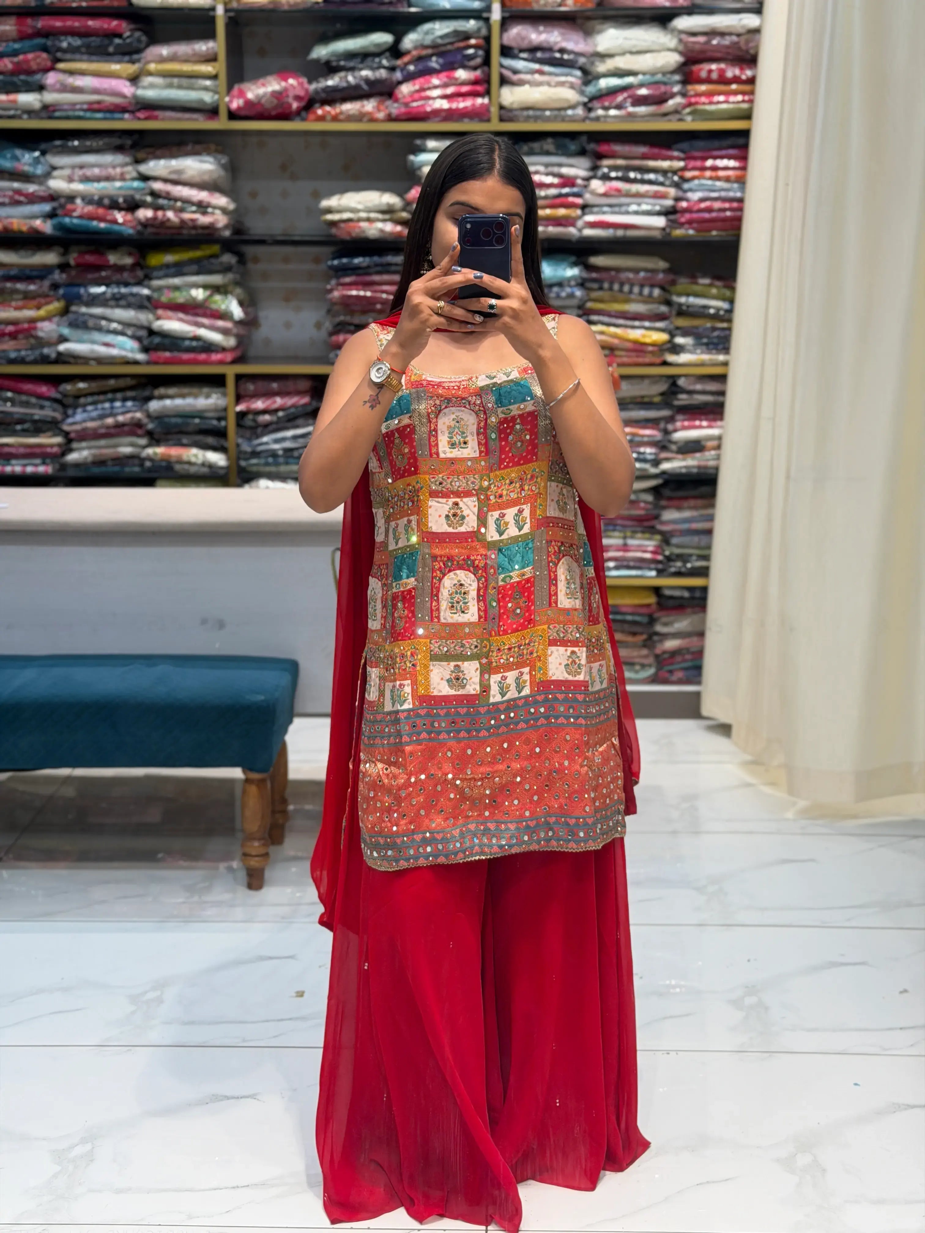 Red Multicolor Mirror Work Kurta Palazzo Set With Dupatta