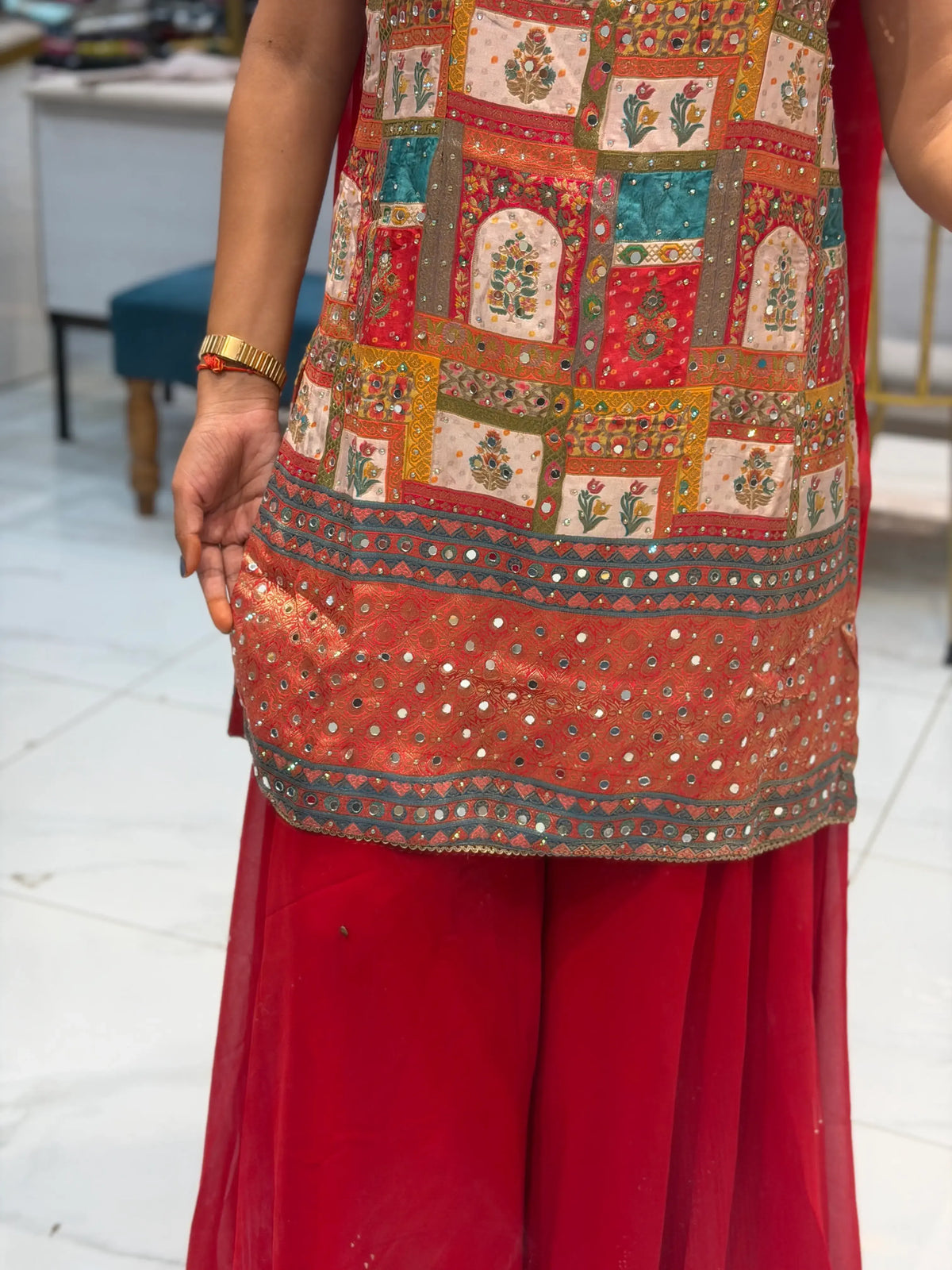 Red Multicolor Mirror Work Kurta Palazzo Set With Dupatta