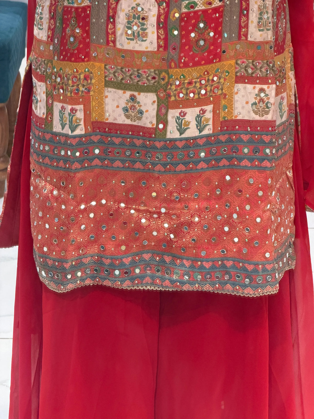 Red Multicolor Mirror Work Kurta Palazzo Set With Dupatta