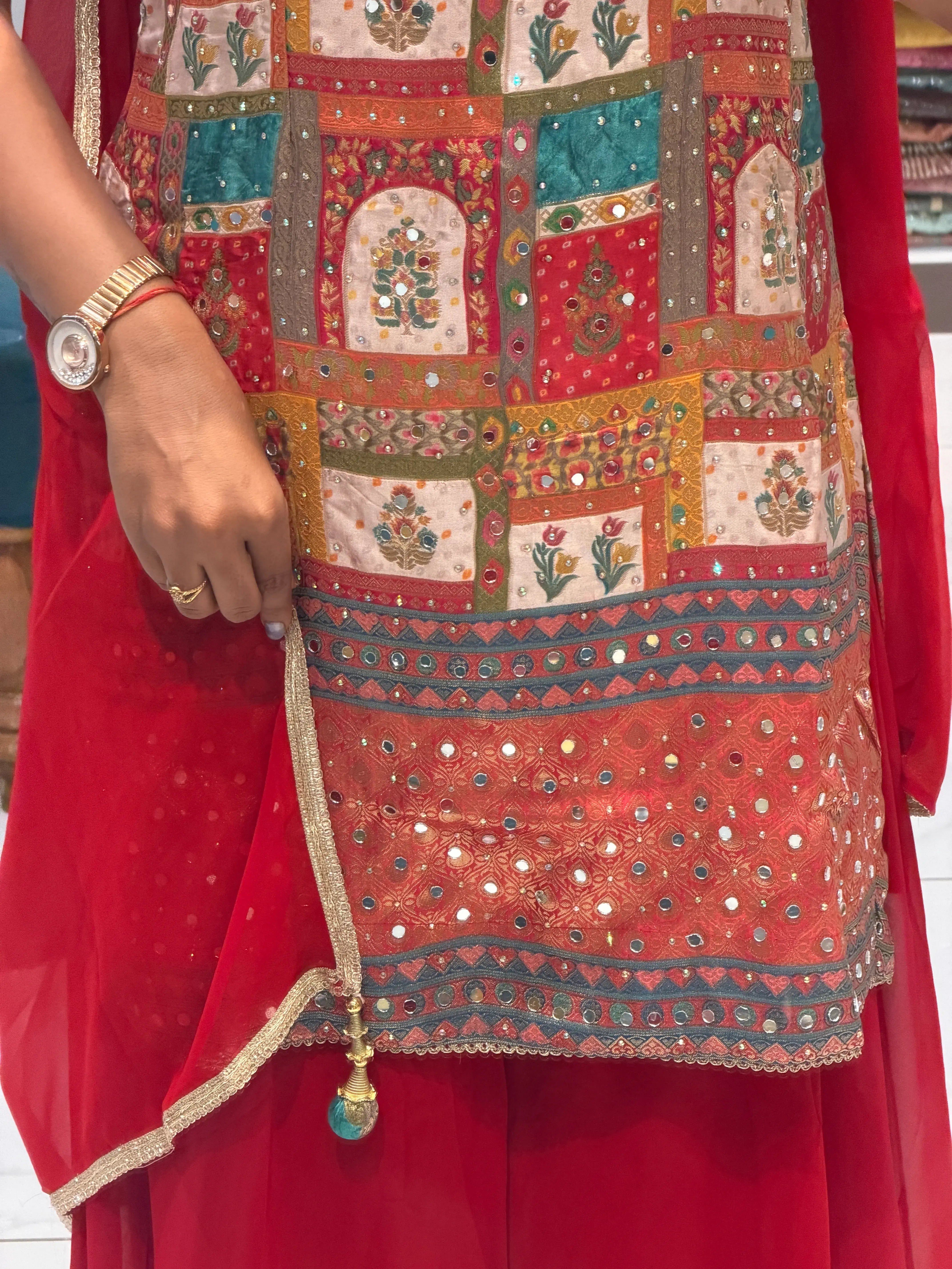 Red Multicolor Mirror Work Kurta Palazzo Set With Dupatta