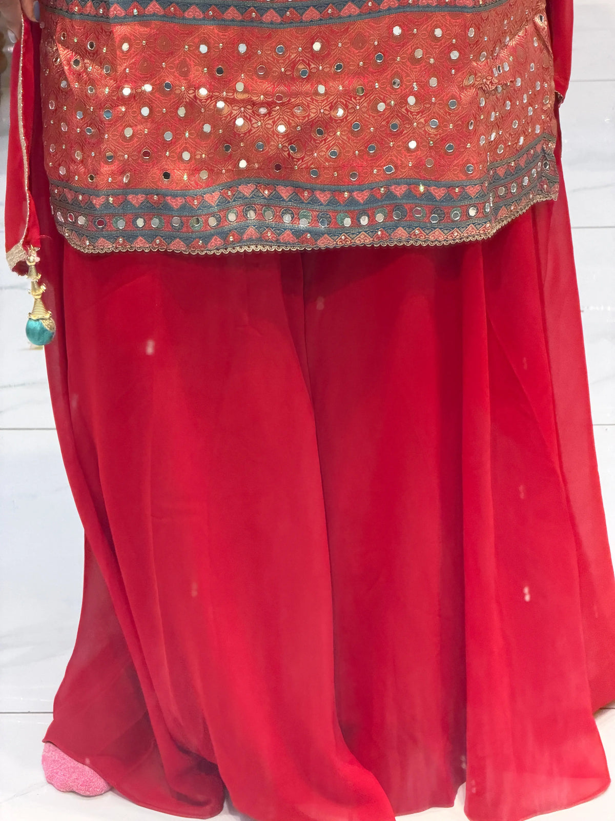 Red Multicolor Mirror Work Kurta Palazzo Set With Dupatta