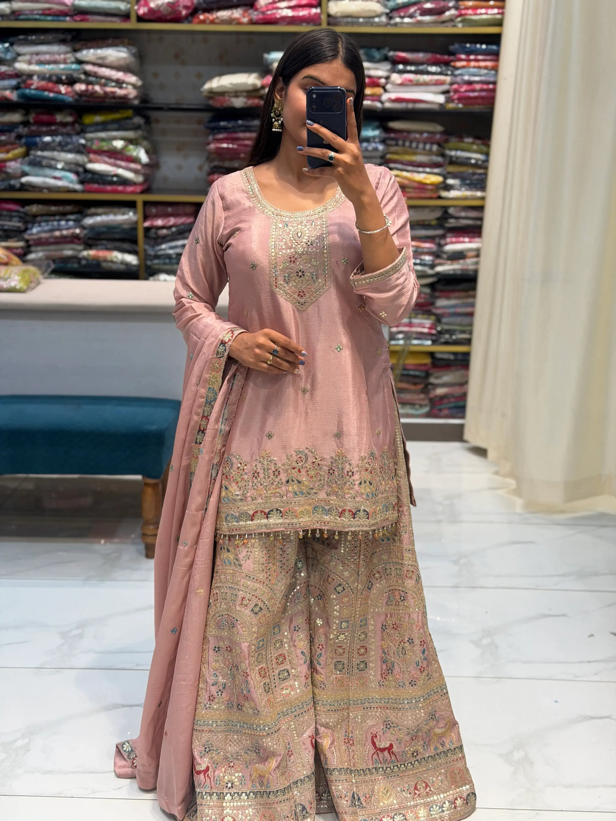 Premium Chinon Silk Heavy Embroidered Sharara Suit Set with Dupatta