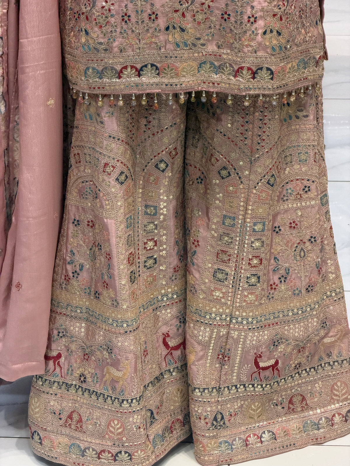 Premium Chinon Silk Heavy Embroidered Sharara Suit Set with Dupatta