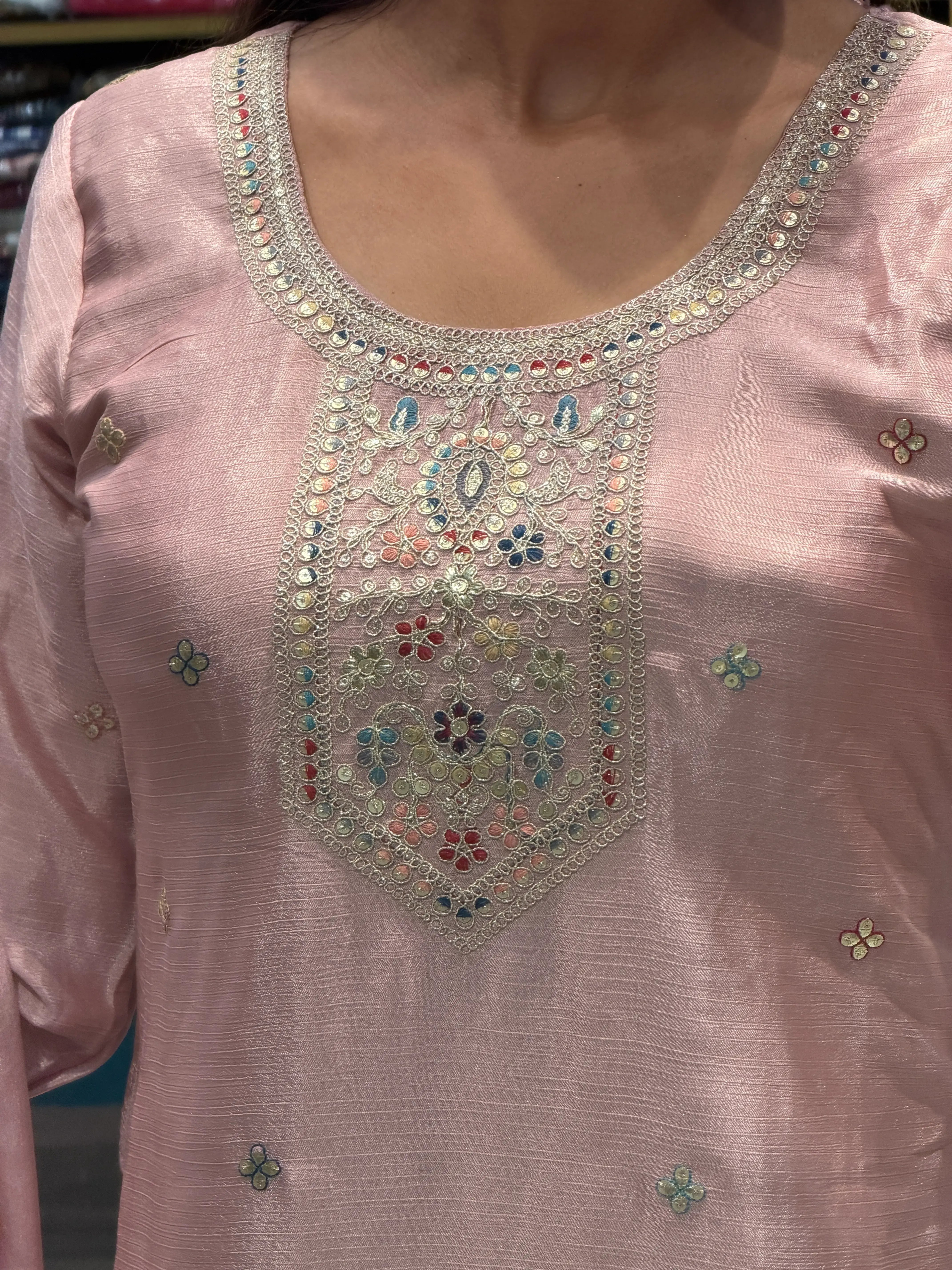 Premium Chinon Silk Heavy Embroidered Sharara Suit Set with Dupatta