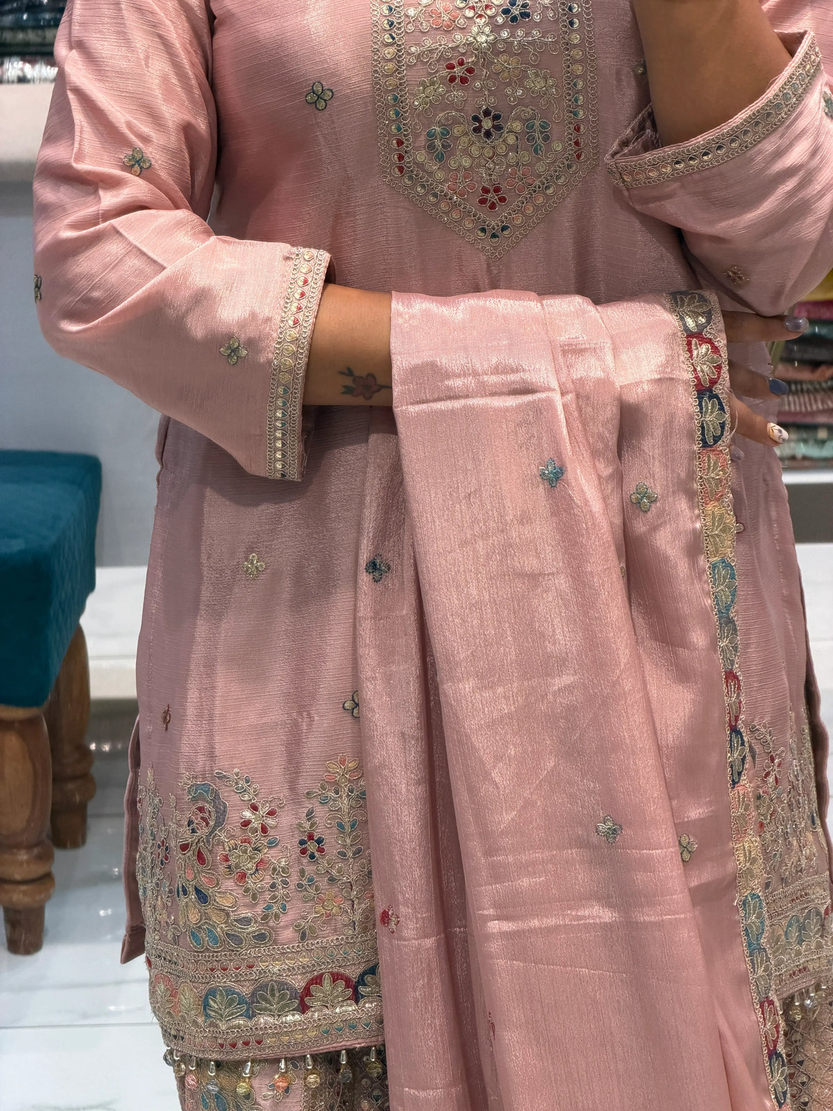 Premium Chinon Silk Heavy Embroidered Sharara Suit Set with Dupatta