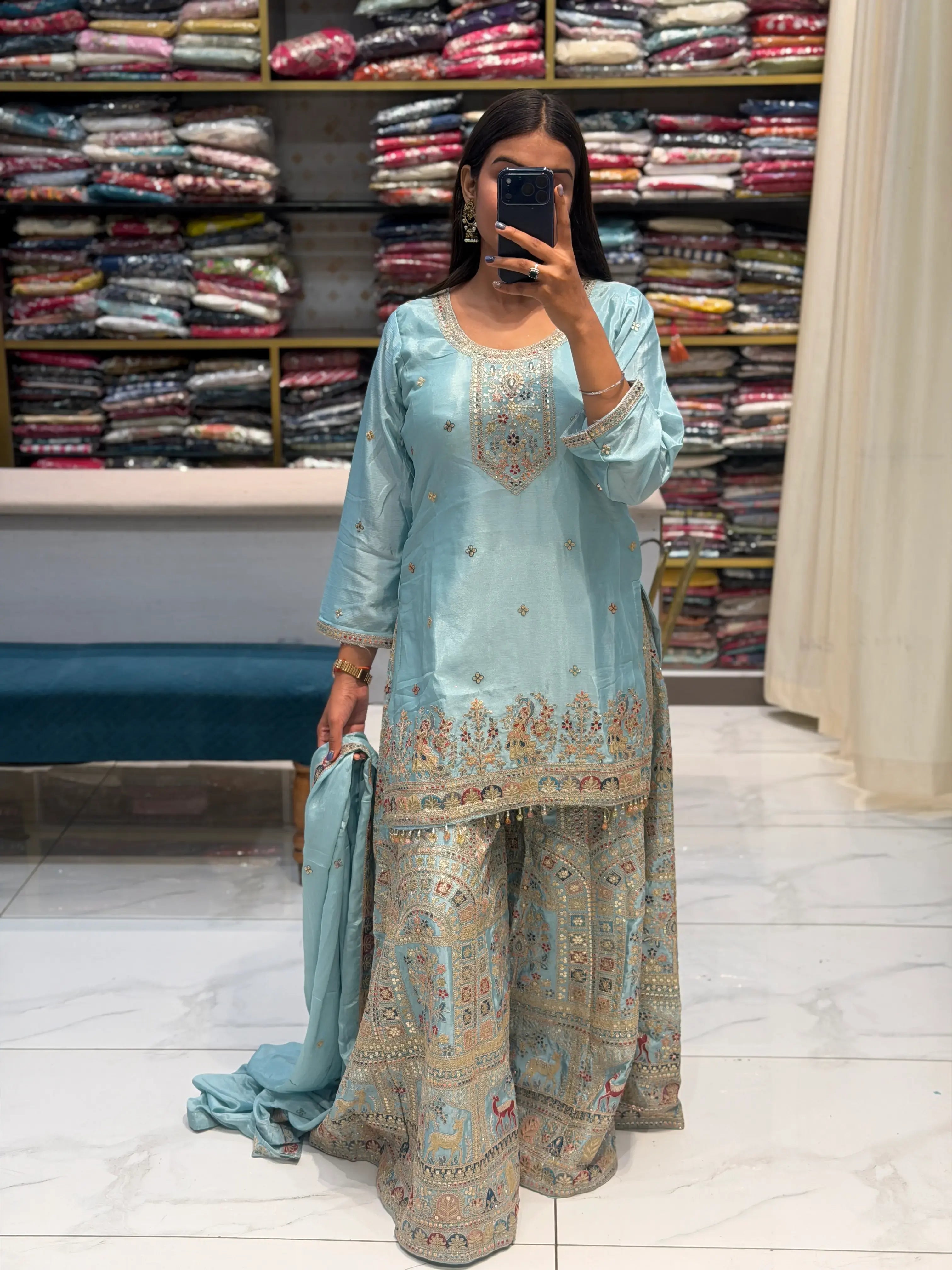 Premium Chinon Silk Heavy Embroidered Sharara Suit Set with Dupatta