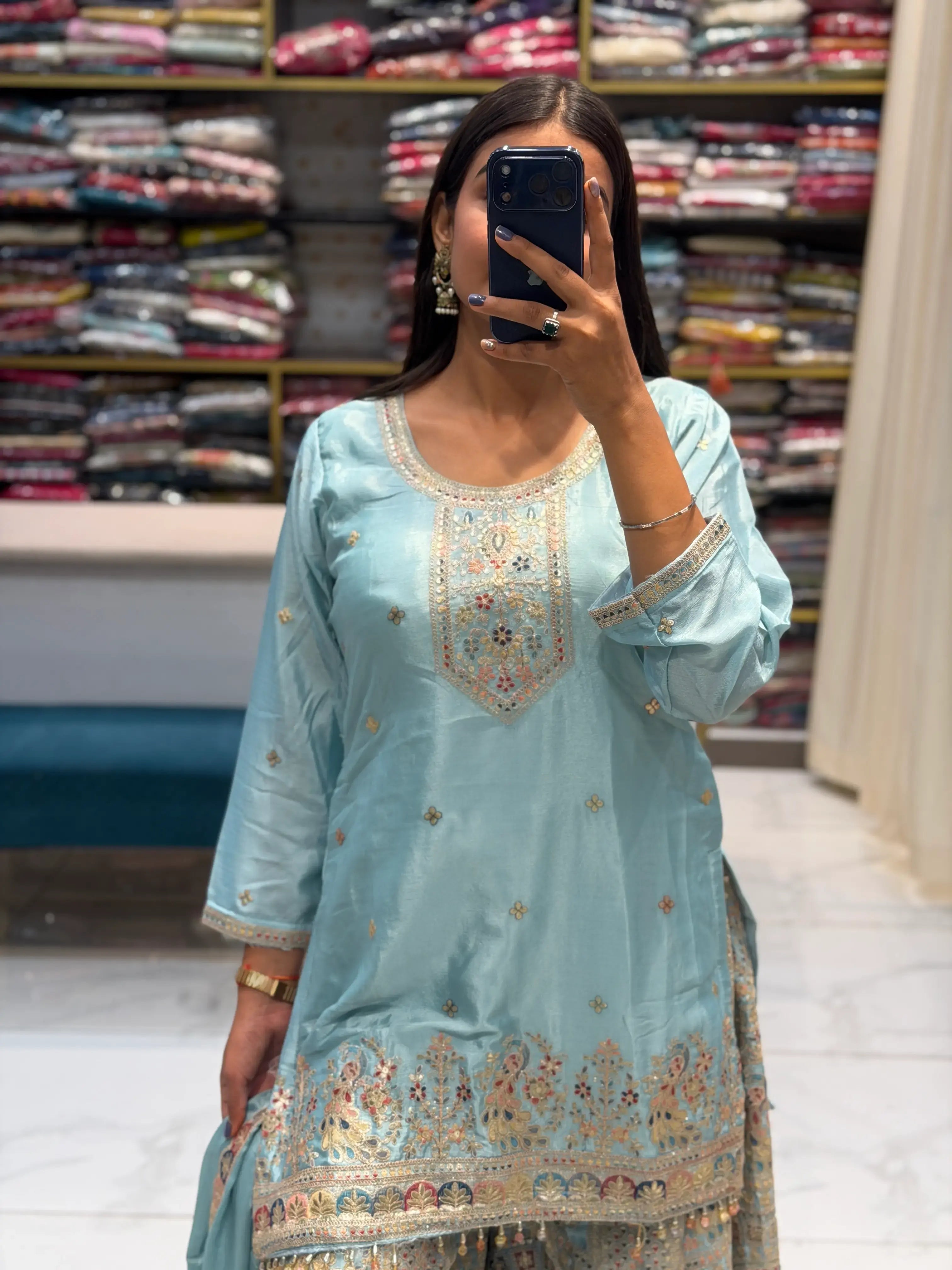 Premium Chinon Silk Heavy Embroidered Sharara Suit Set with Dupatta