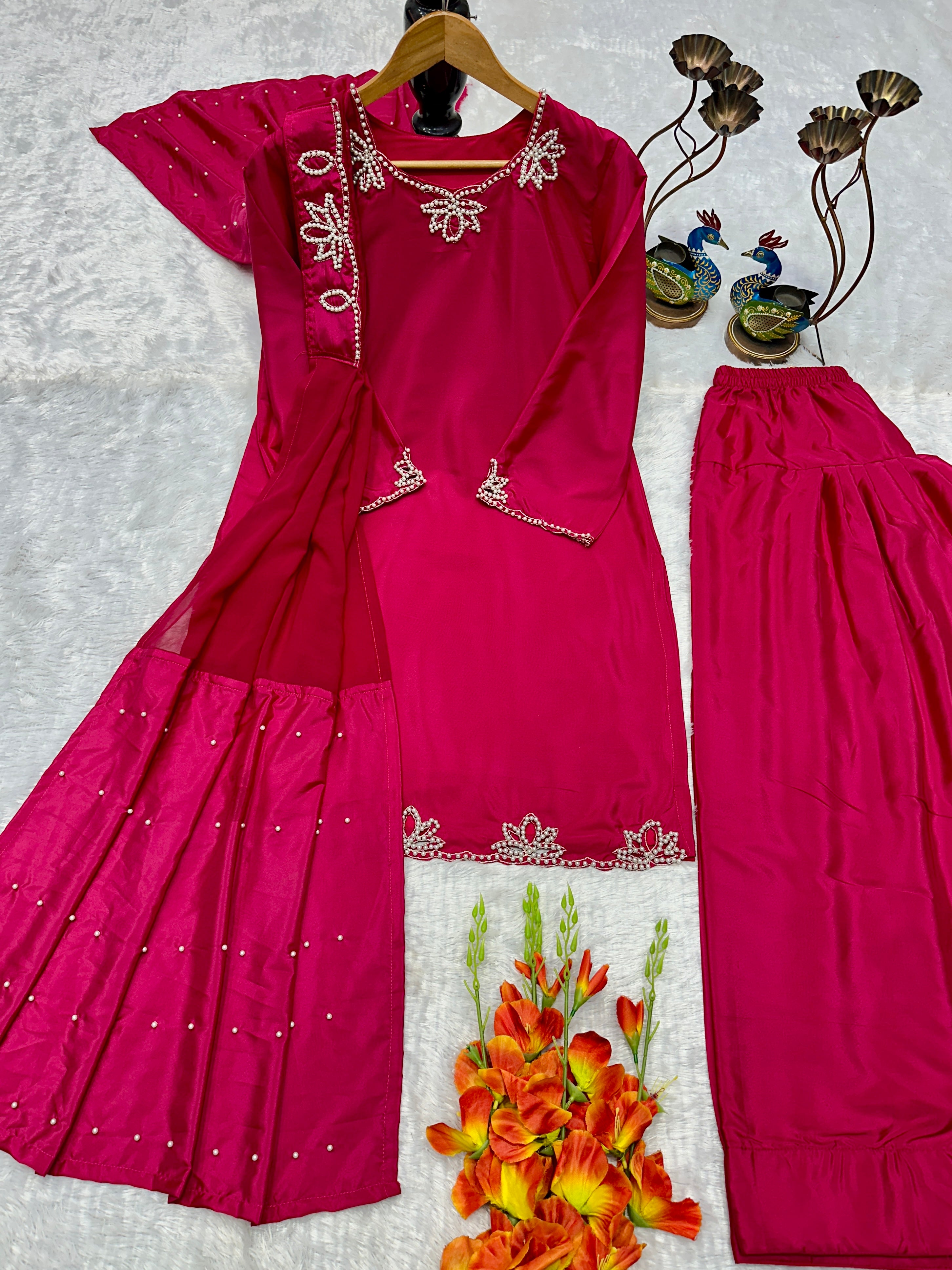 Wedding Wear Heavy Crepe Farsi Salwar Suit Set with Pearl Moti Work