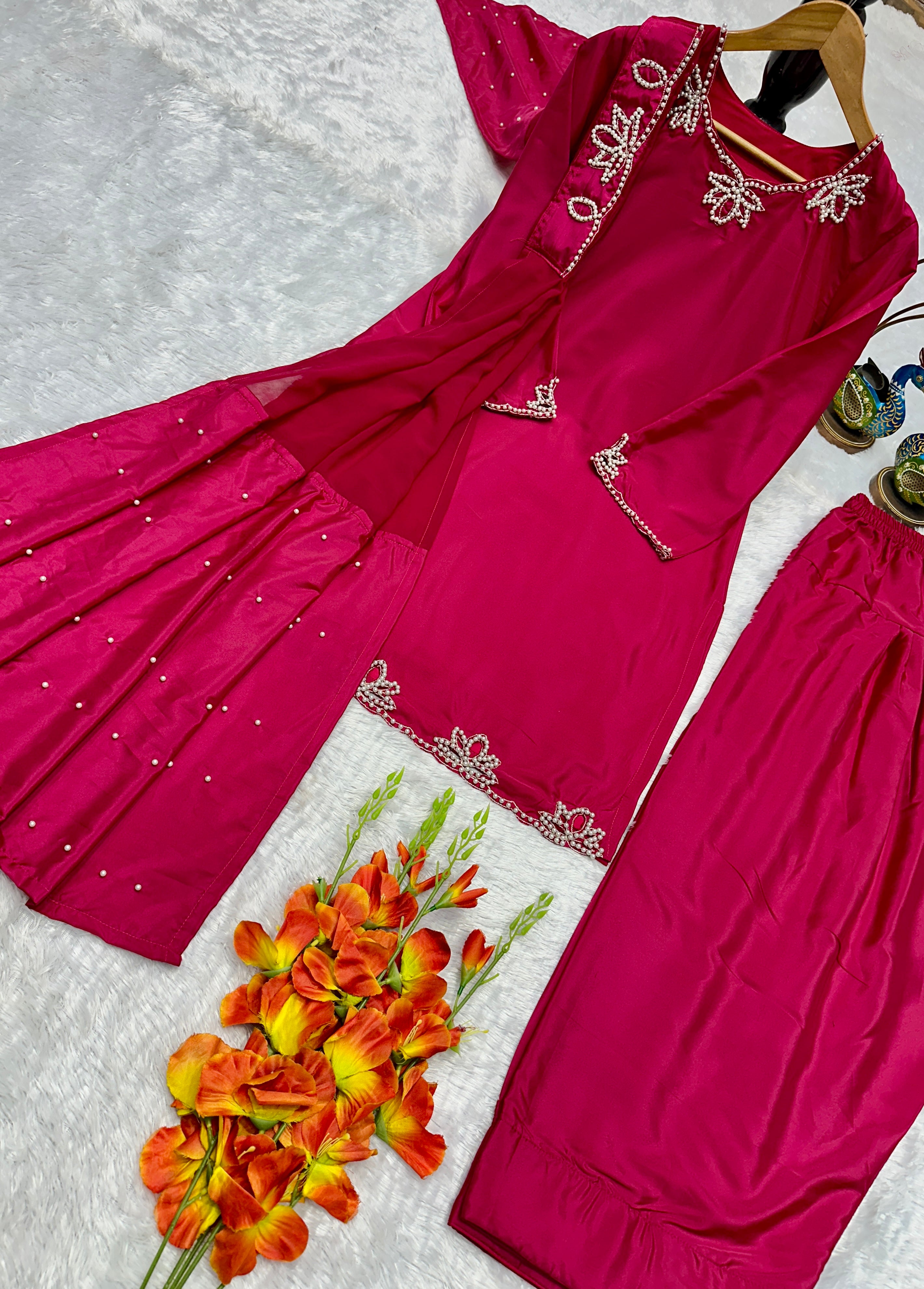 Wedding Wear Heavy Crepe Farsi Salwar Suit Set with Pearl Moti Work