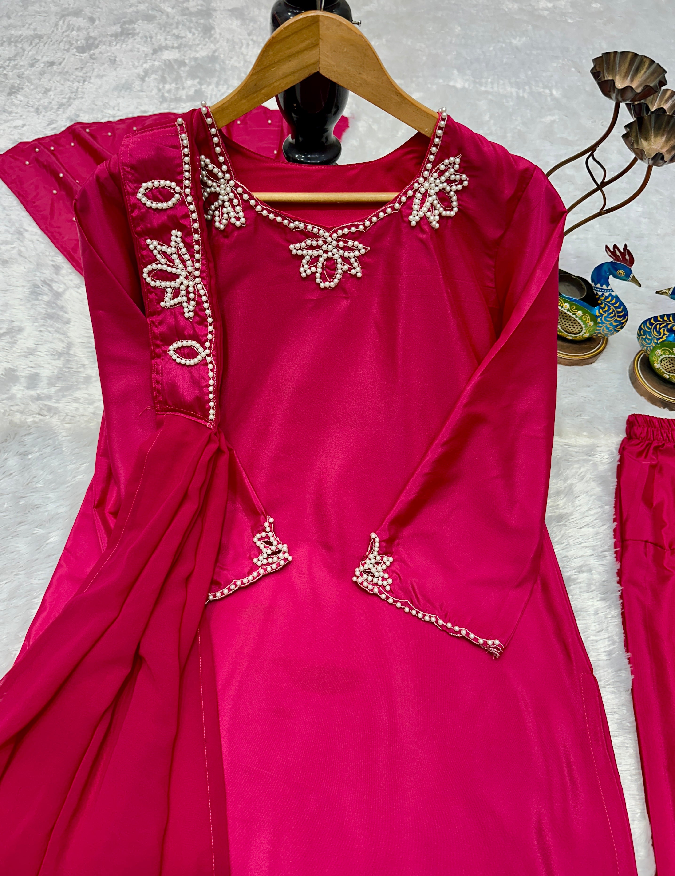 Wedding Wear Heavy Crepe Farsi Salwar Suit Set with Pearl Moti Work