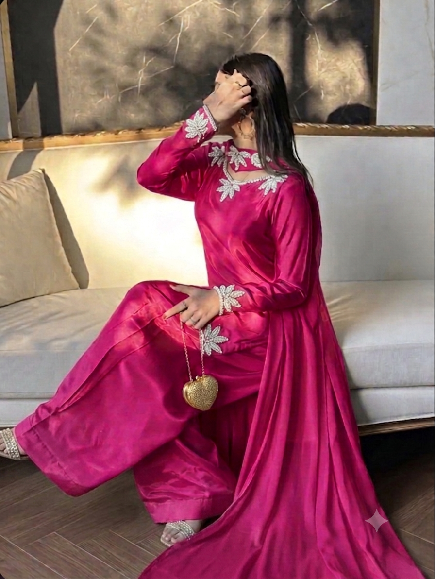 Wedding Wear Heavy Crepe Farsi Salwar Suit Set with Pearl Moti Work