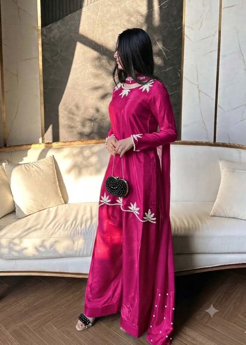 Wedding Wear Heavy Crepe Farsi Salwar Suit Set with Pearl Moti Work