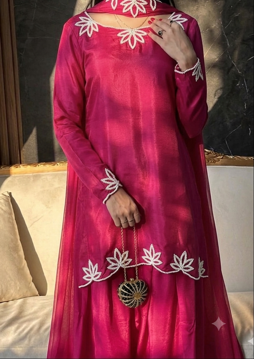 Wedding Wear Heavy Crepe Farsi Salwar Suit Set with Pearl Moti Work