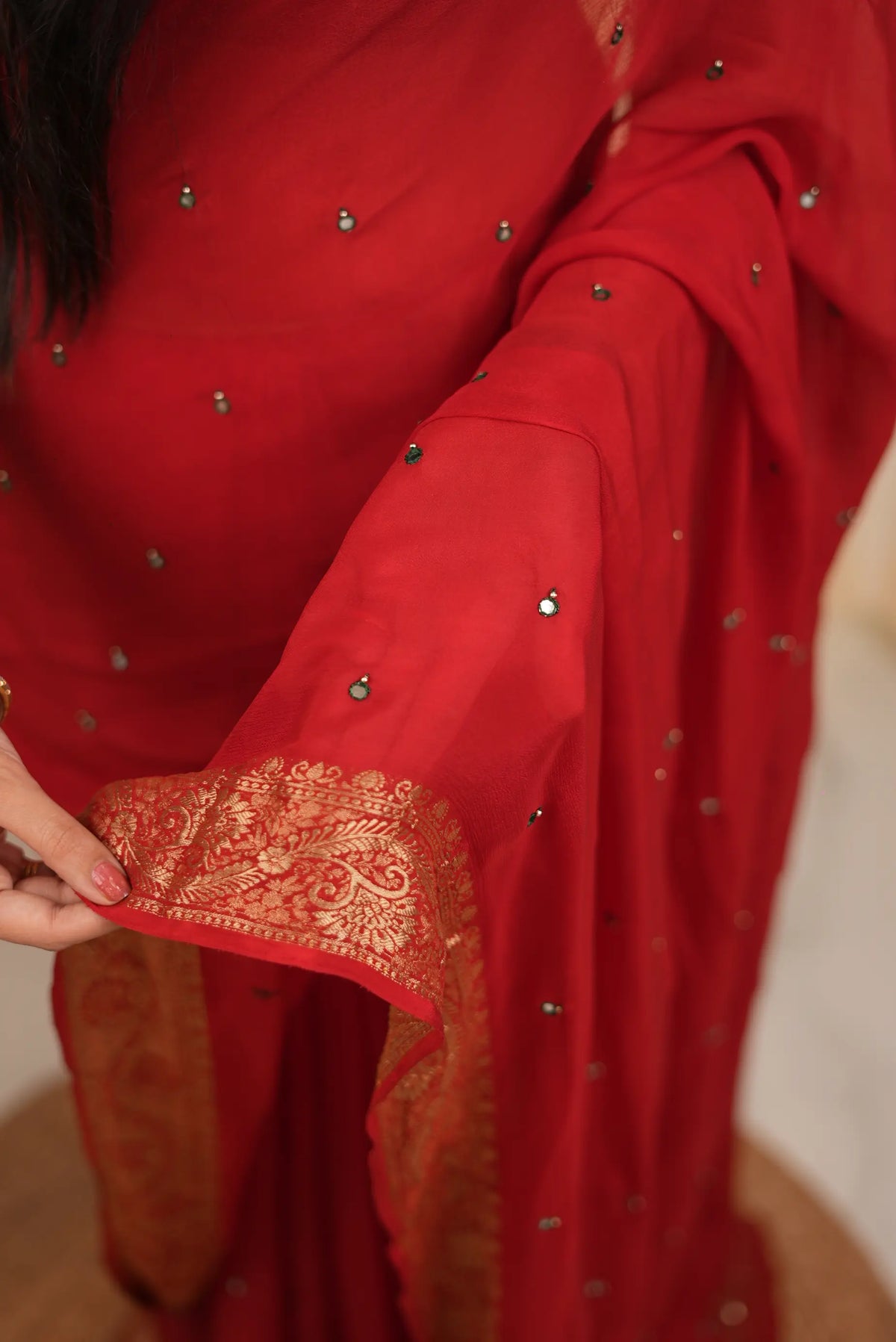 Sindoori Red Saree with Mirror Work & Handwork Zari Border (With Blouse)