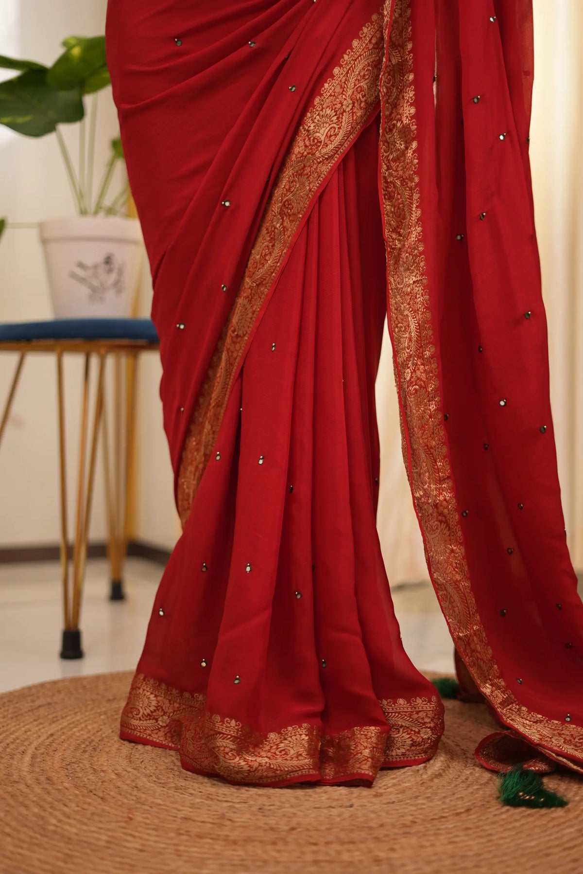 Sindoori Red Saree with Mirror Work & Handwork Zari Border (With Blouse)