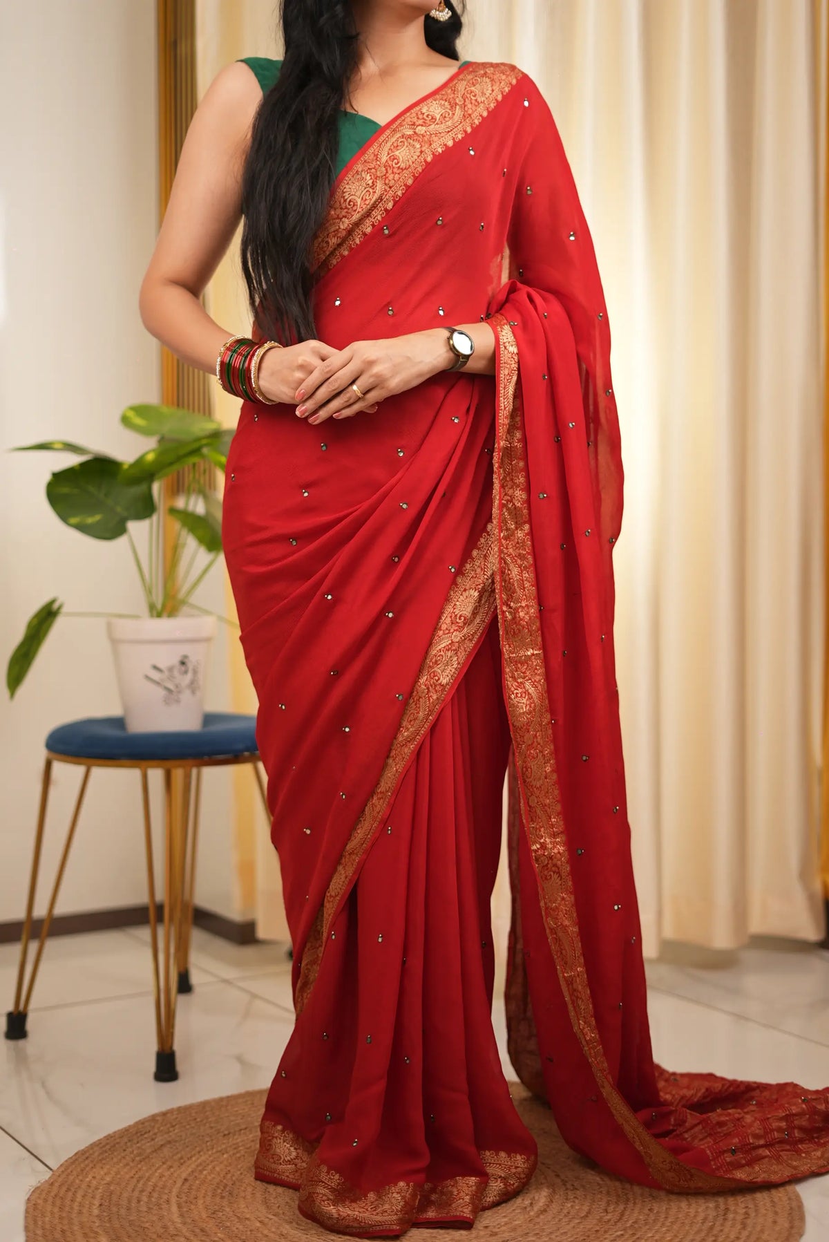 Sindoori Red Saree with Mirror Work & Handwork Zari Border (With Blouse)