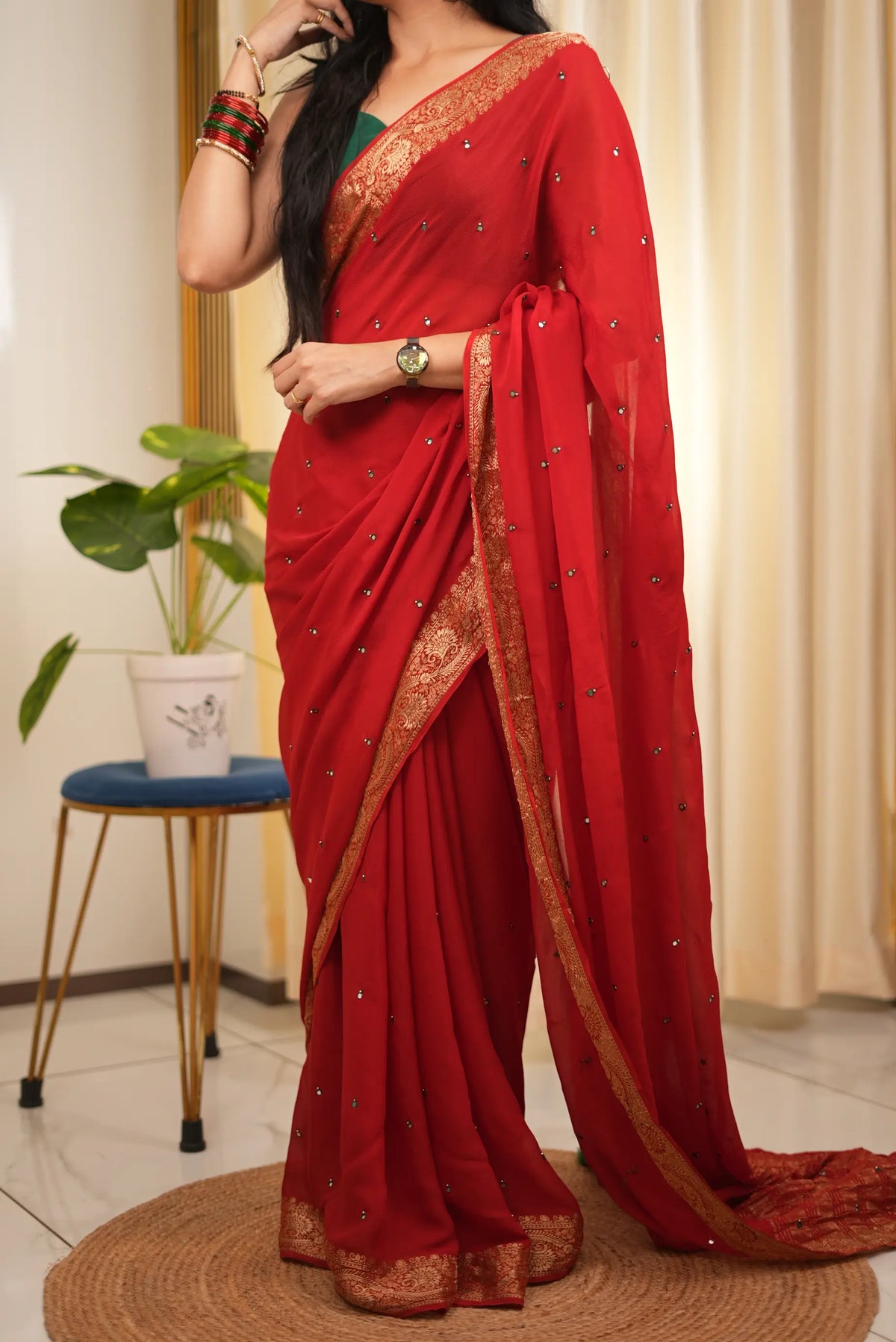 Sindoori Red Saree with Mirror Work & Handwork Zari Border (With Blouse)