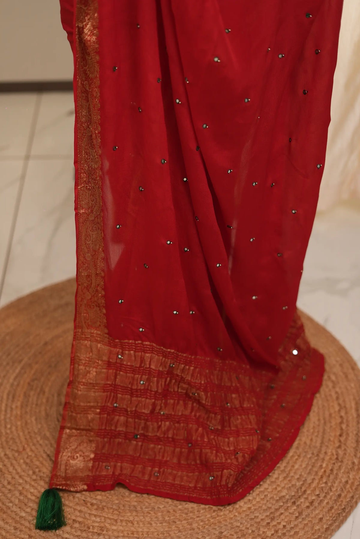 Sindoori Red Saree with Mirror Work & Handwork Zari Border (With Blouse)