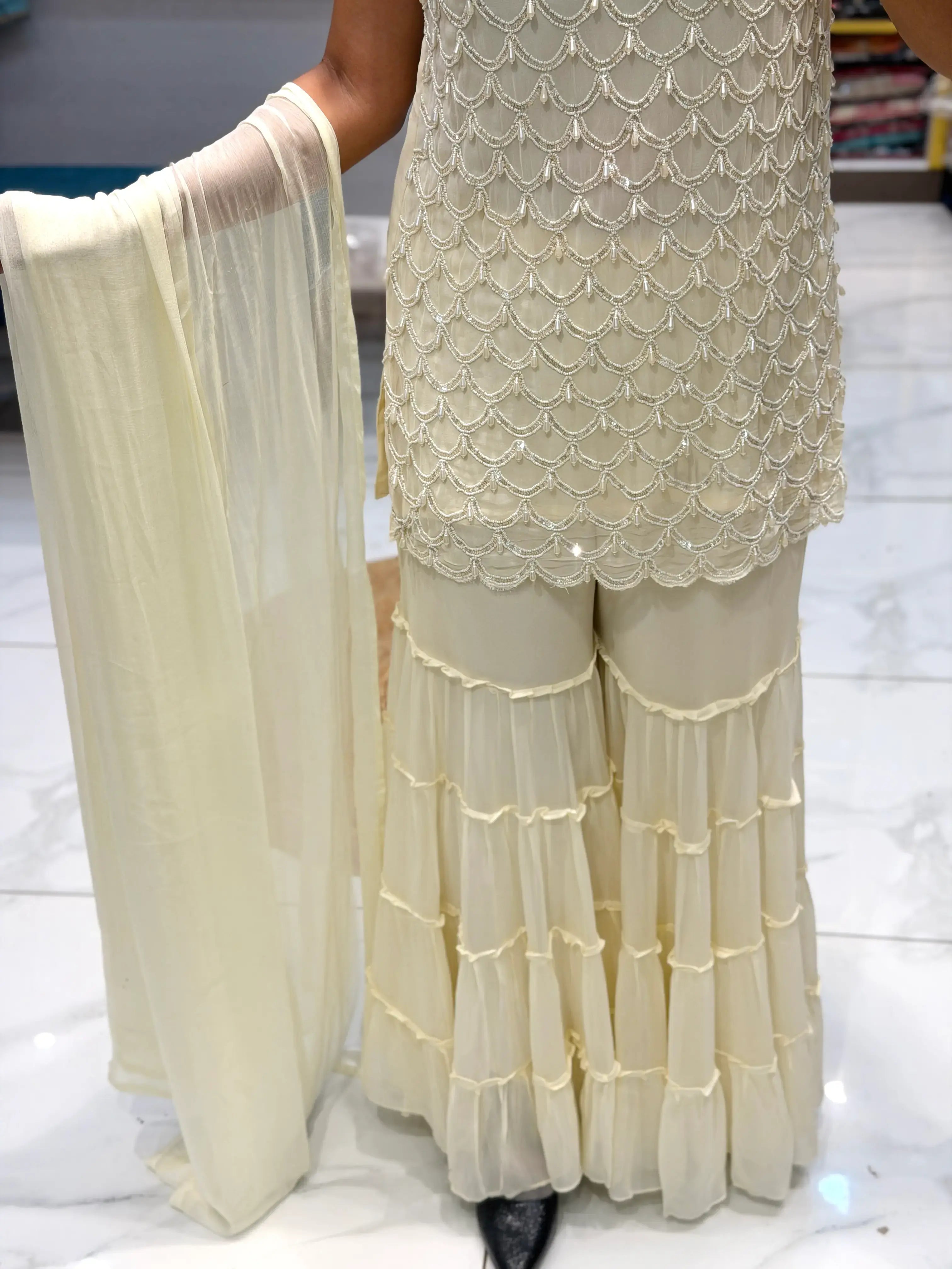 Cream Georgette Pearl & Beads Embroidered Sharara Set with Dupatta