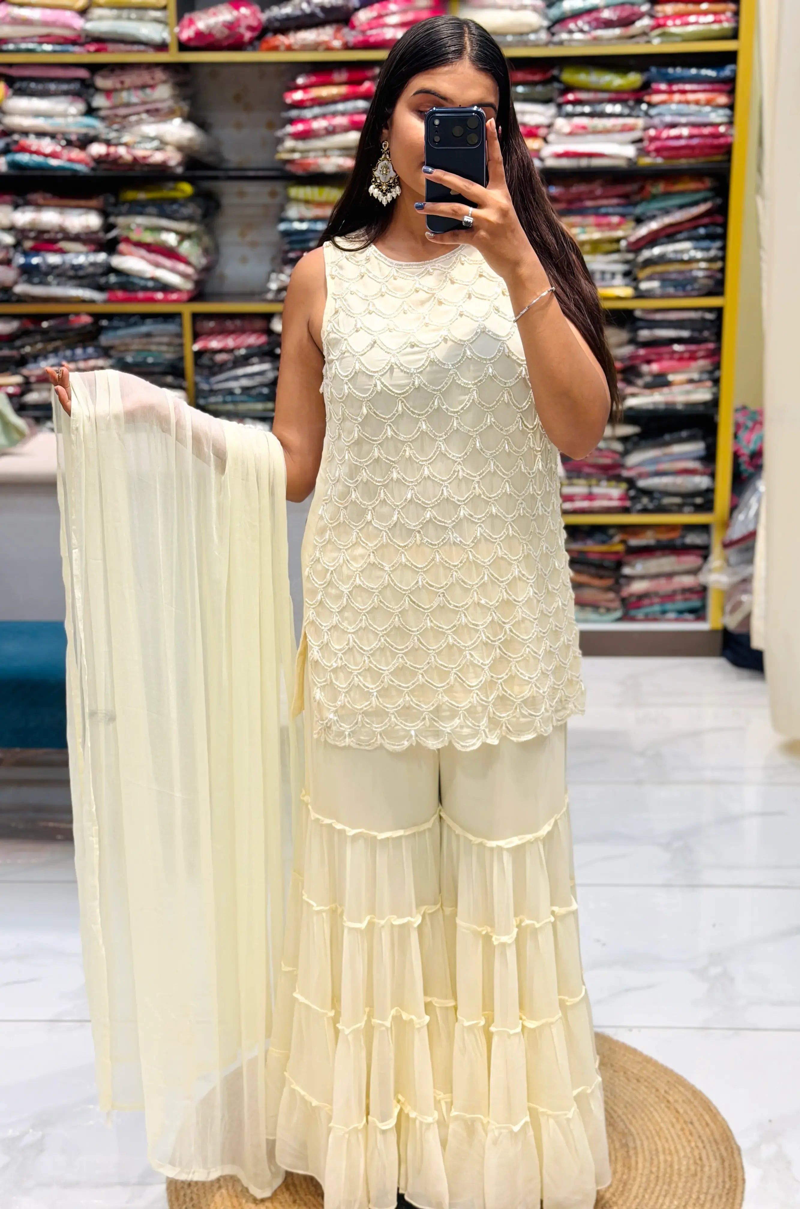 Cream Georgette Pearl & Beads Embroidered Sharara Set with Dupatta