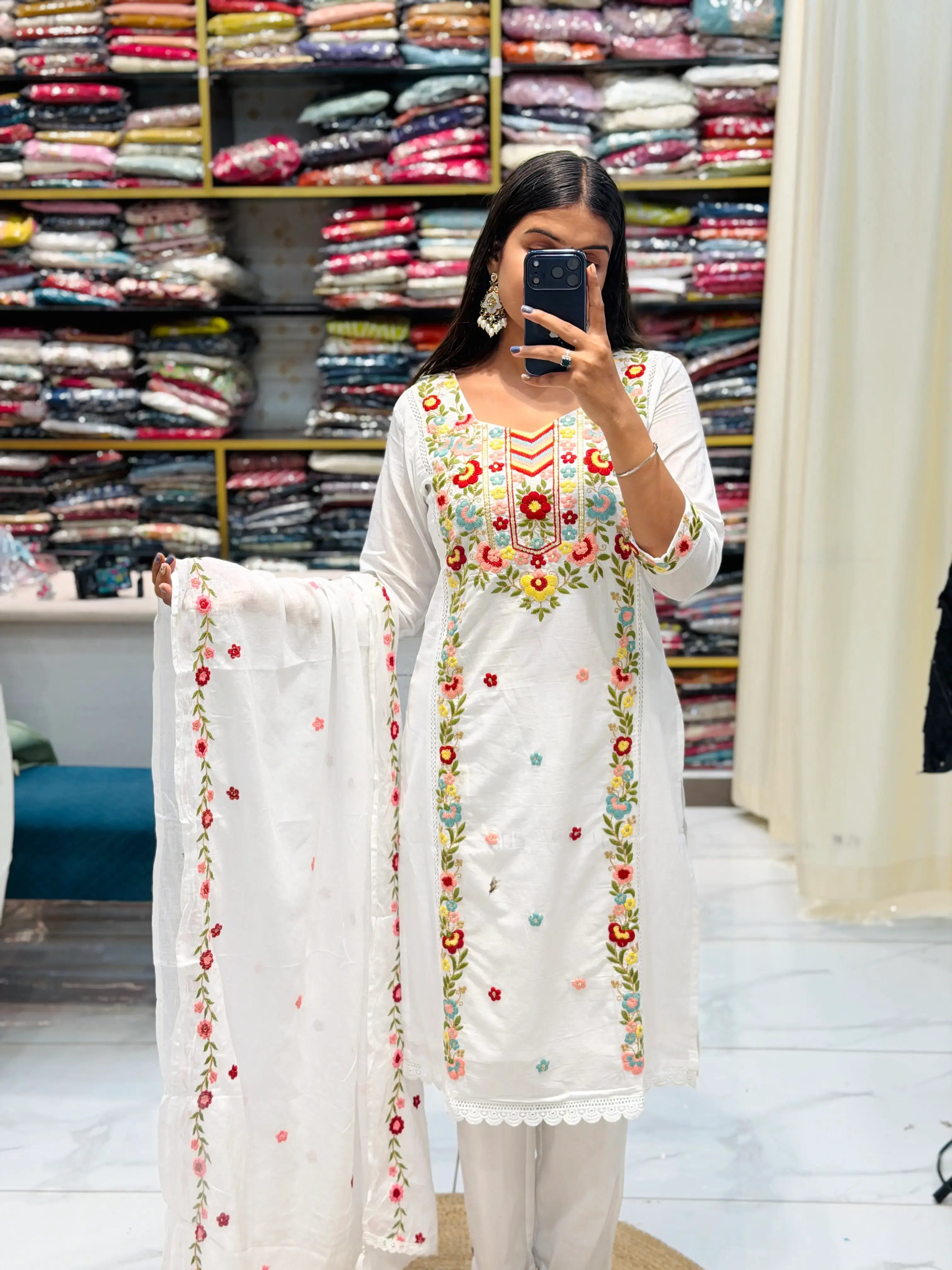 Designer White Floral Embroidered Suit Set With Dupatta