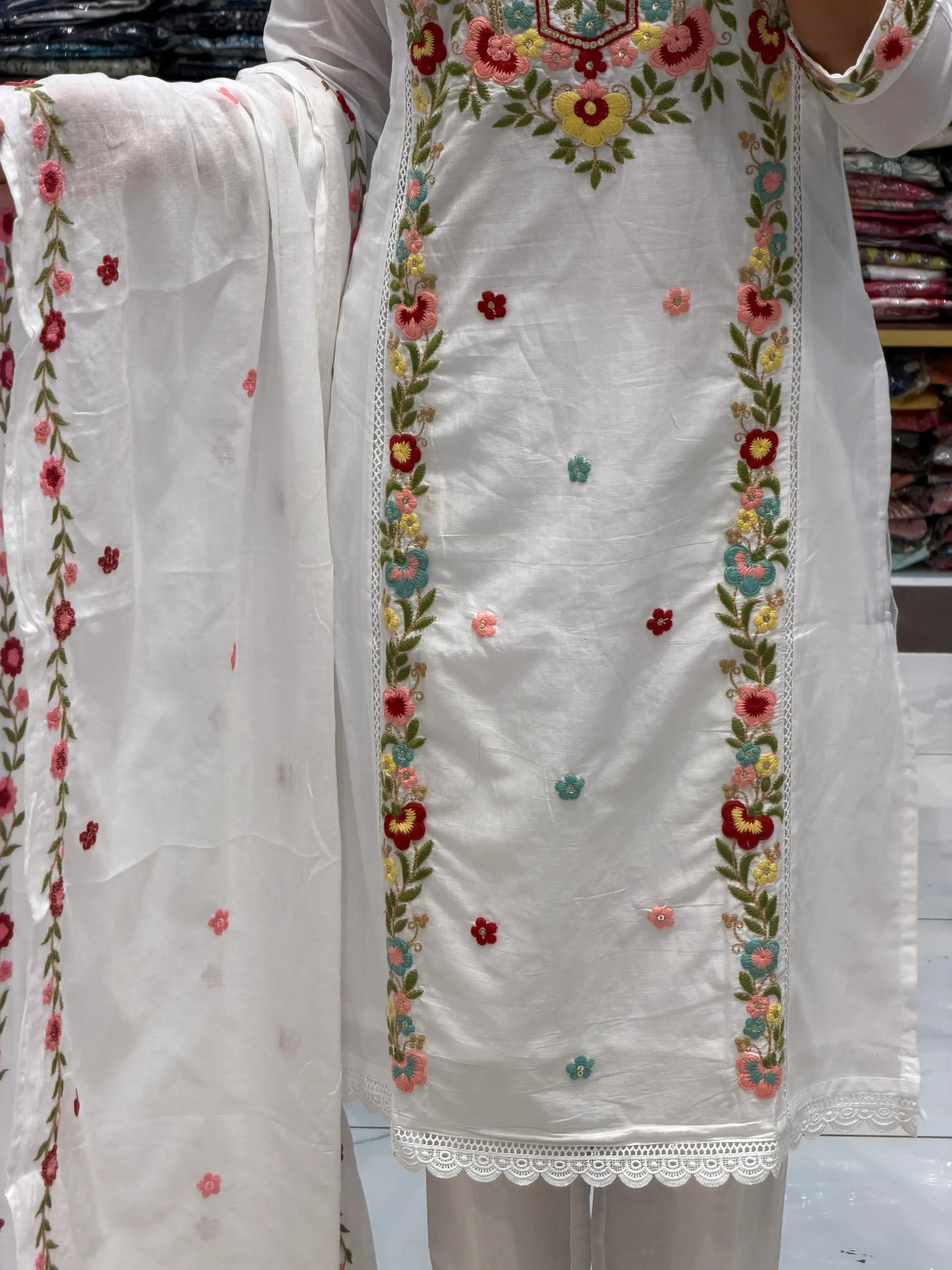Designer White Floral Embroidered Suit Set With Dupatta