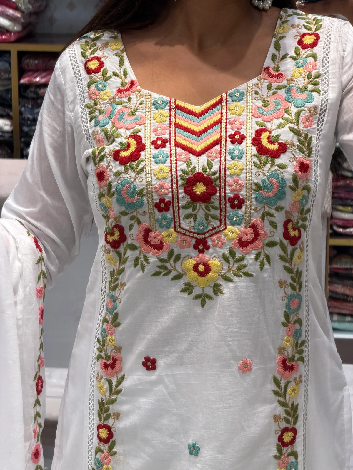Designer White Floral Embroidered Suit Set With Dupatta