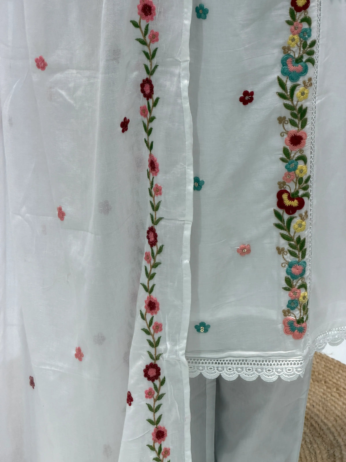 Designer White Floral Embroidered Suit Set With Dupatta