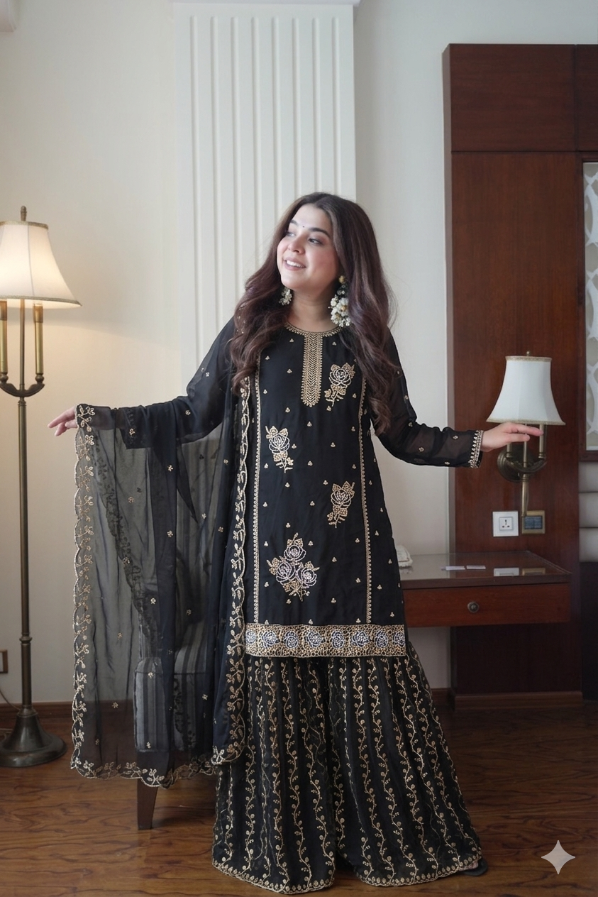Designer Sequence Embroidery Kurti Gharara Set with Dupatta
