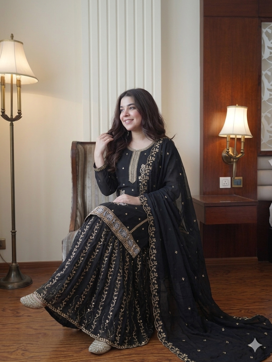 Designer Sequence Embroidery Kurti Gharara Set with Dupatta