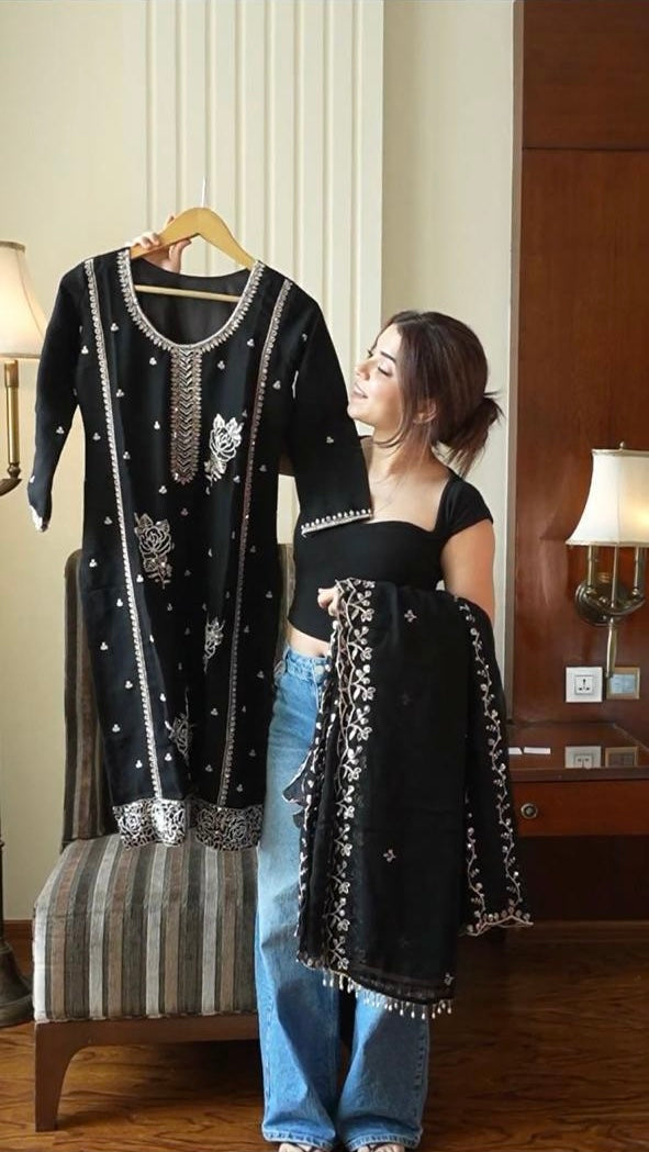 Designer Sequence Embroidery Kurti Gharara Set with Dupatta
