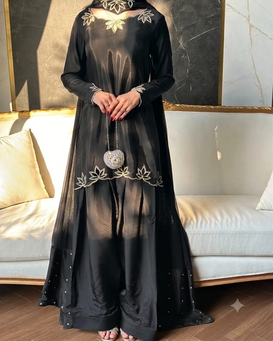 Wedding Wear Heavy Crepe Farsi Salwar Suit Set with Pearl Moti Work