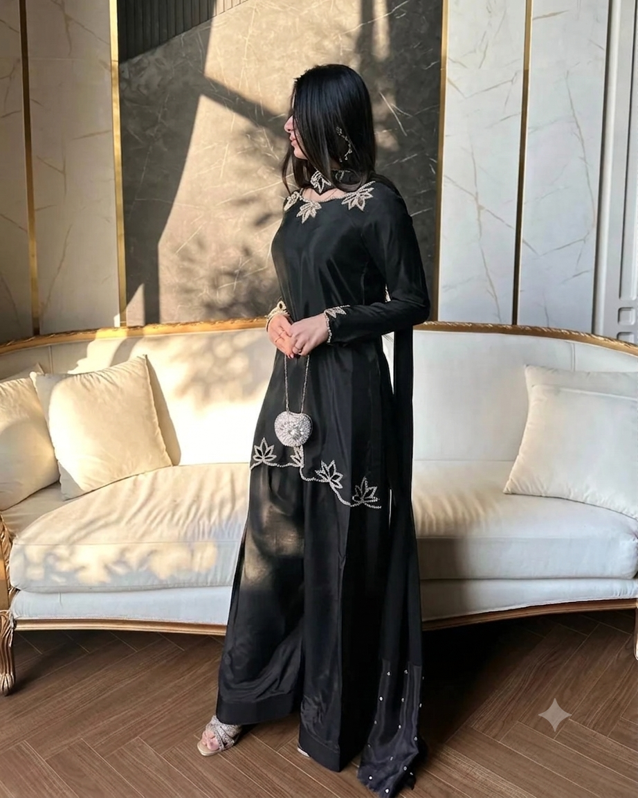 Wedding Wear Heavy Crepe Farsi Salwar Suit Set with Pearl Moti Work
