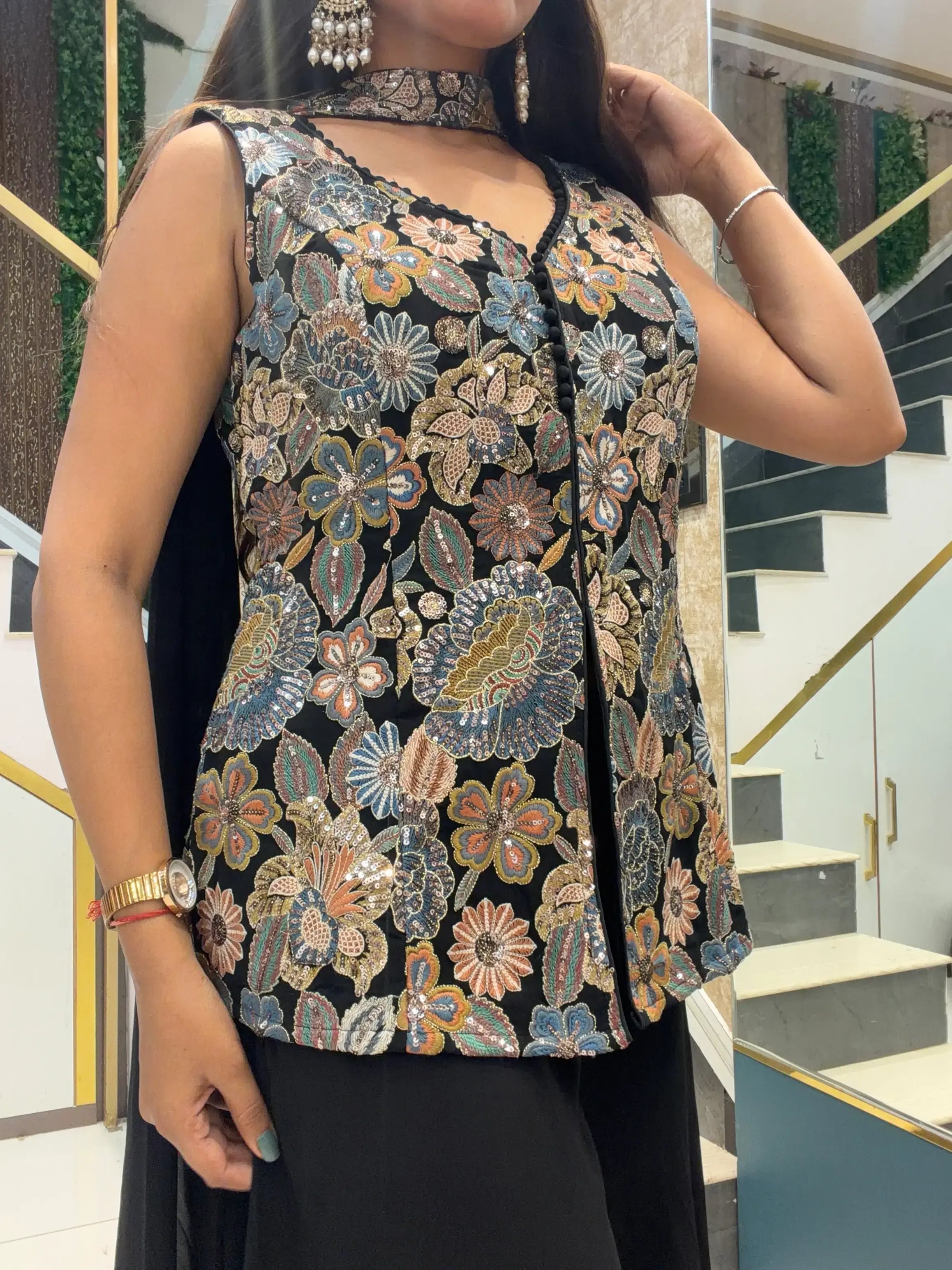 Black Multi-Color Floral Embroidered Jacket Set With Dupatta