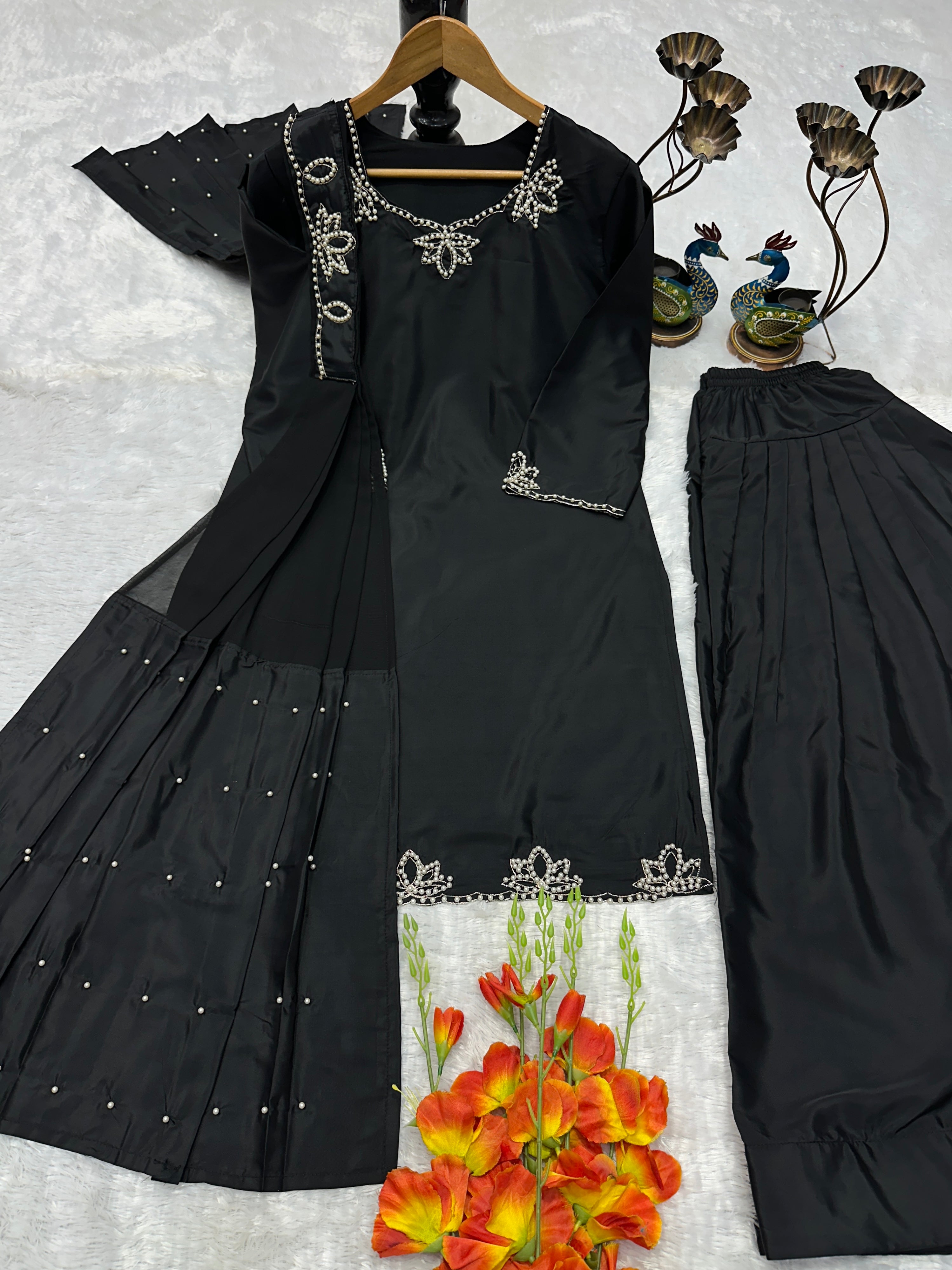 Wedding Wear Heavy Crepe Farsi Salwar Suit Set with Pearl Moti Work