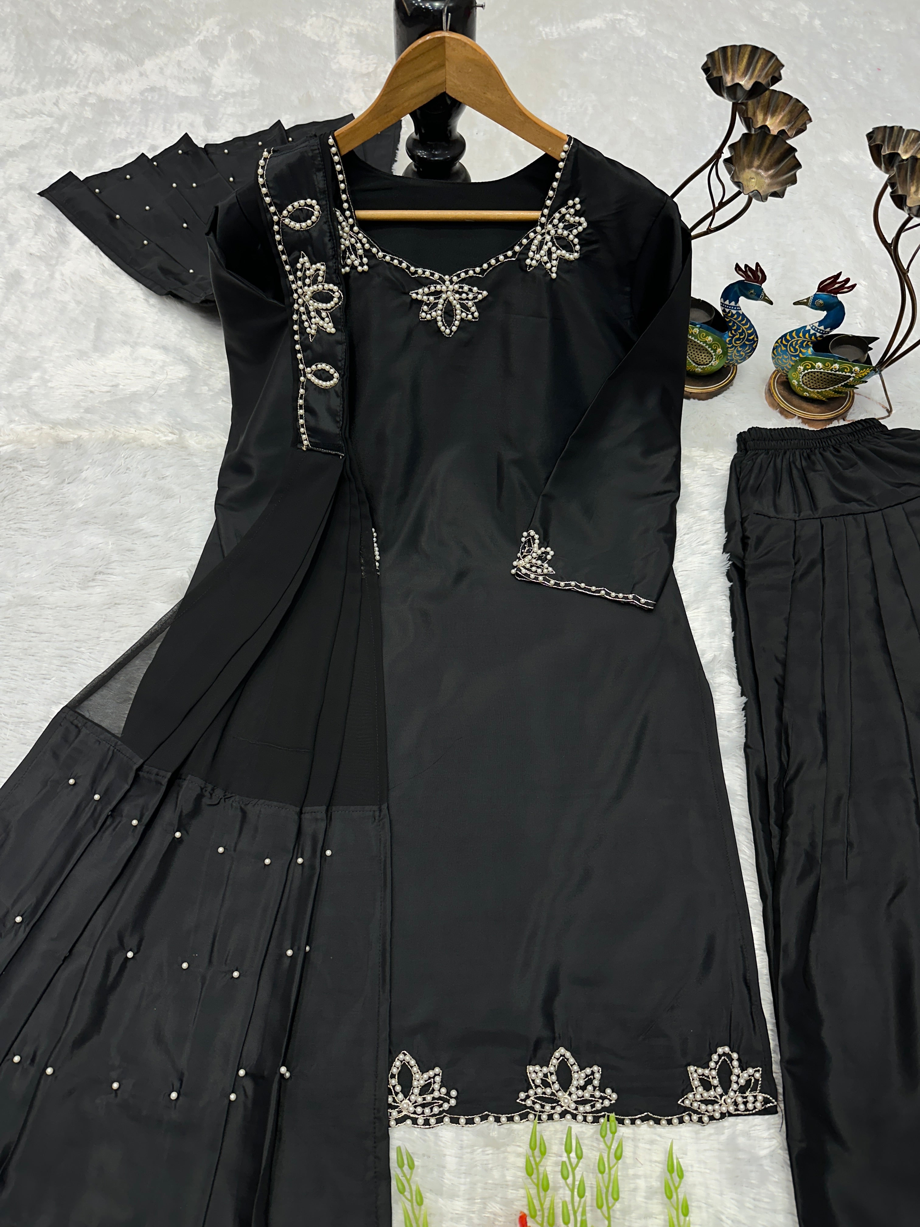 Wedding Wear Heavy Crepe Farsi Salwar Suit Set with Pearl Moti Work