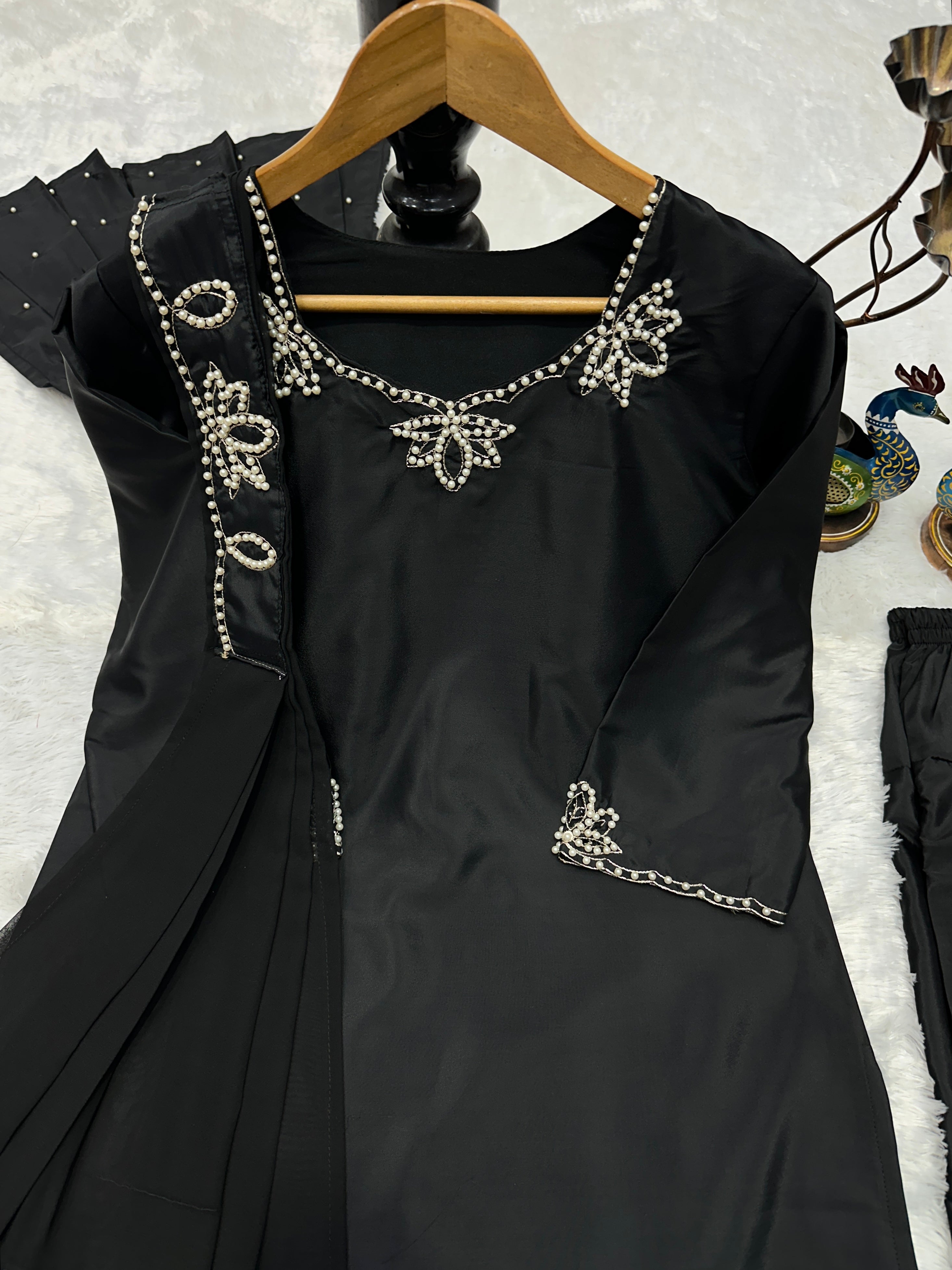 Wedding Wear Heavy Crepe Farsi Salwar Suit Set with Pearl Moti Work