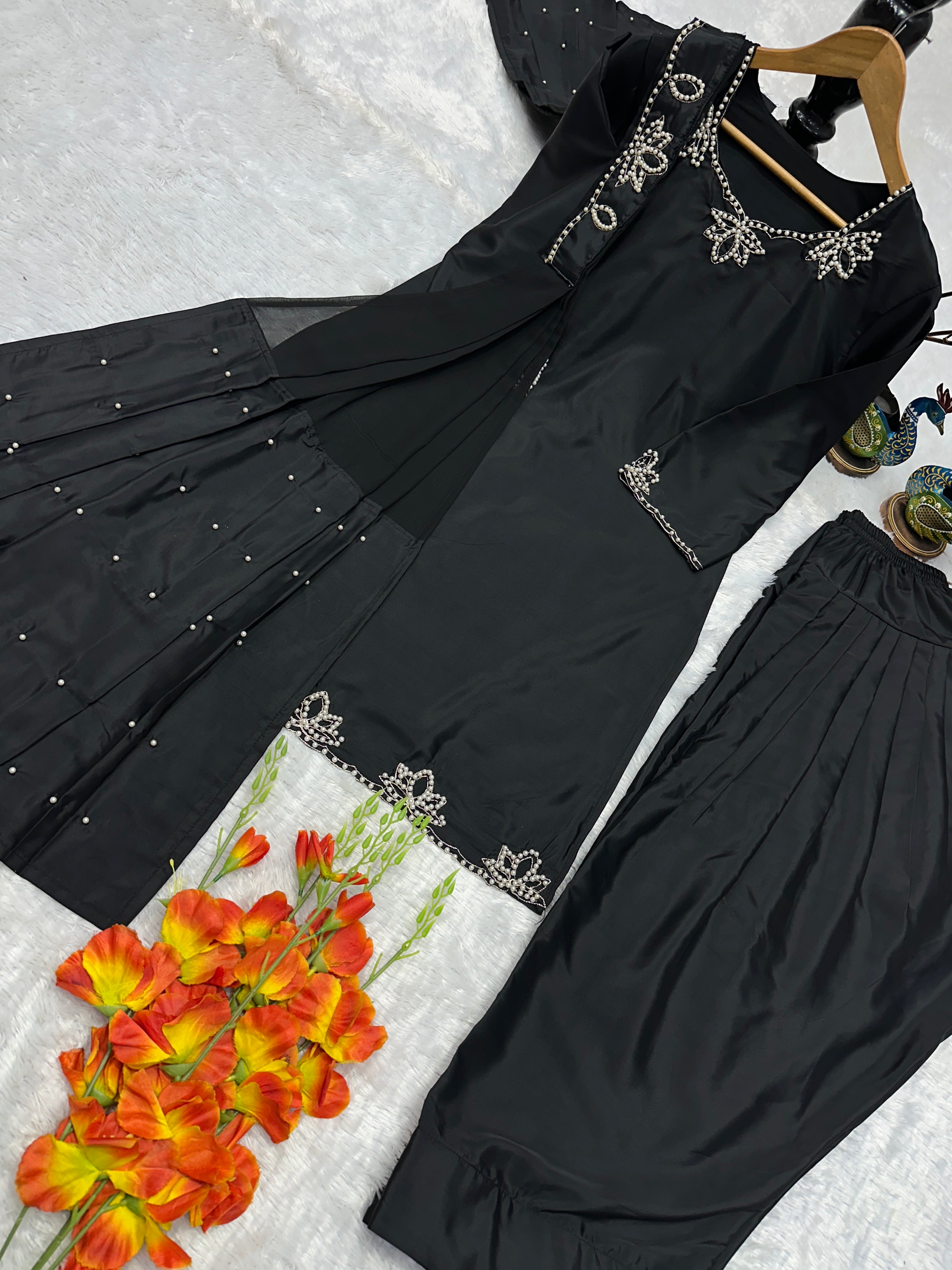 Wedding Wear Heavy Crepe Farsi Salwar Suit Set with Pearl Moti Work