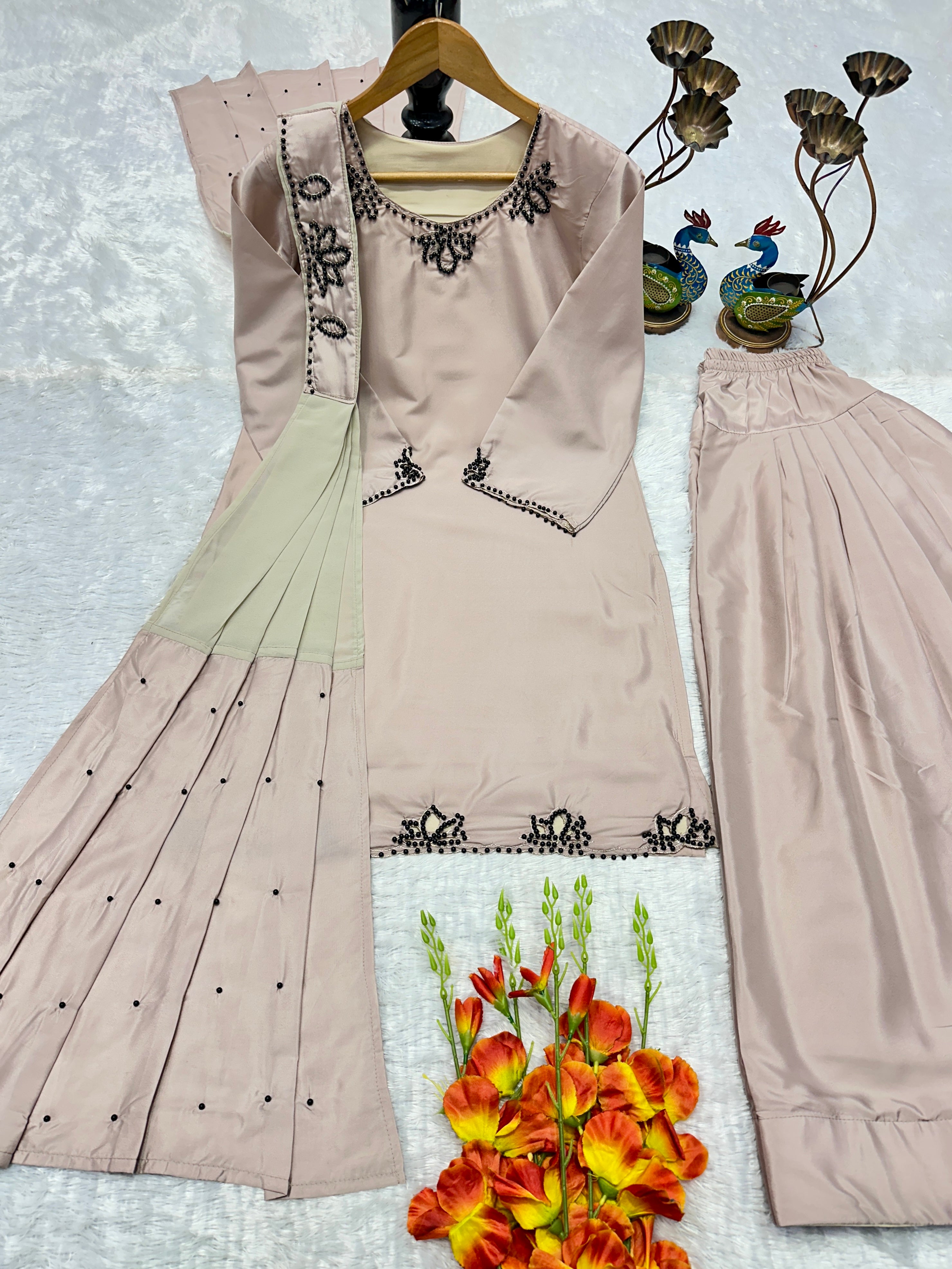 Wedding Wear Heavy Crepe Farsi Salwar Suit Set with Pearl Moti Work