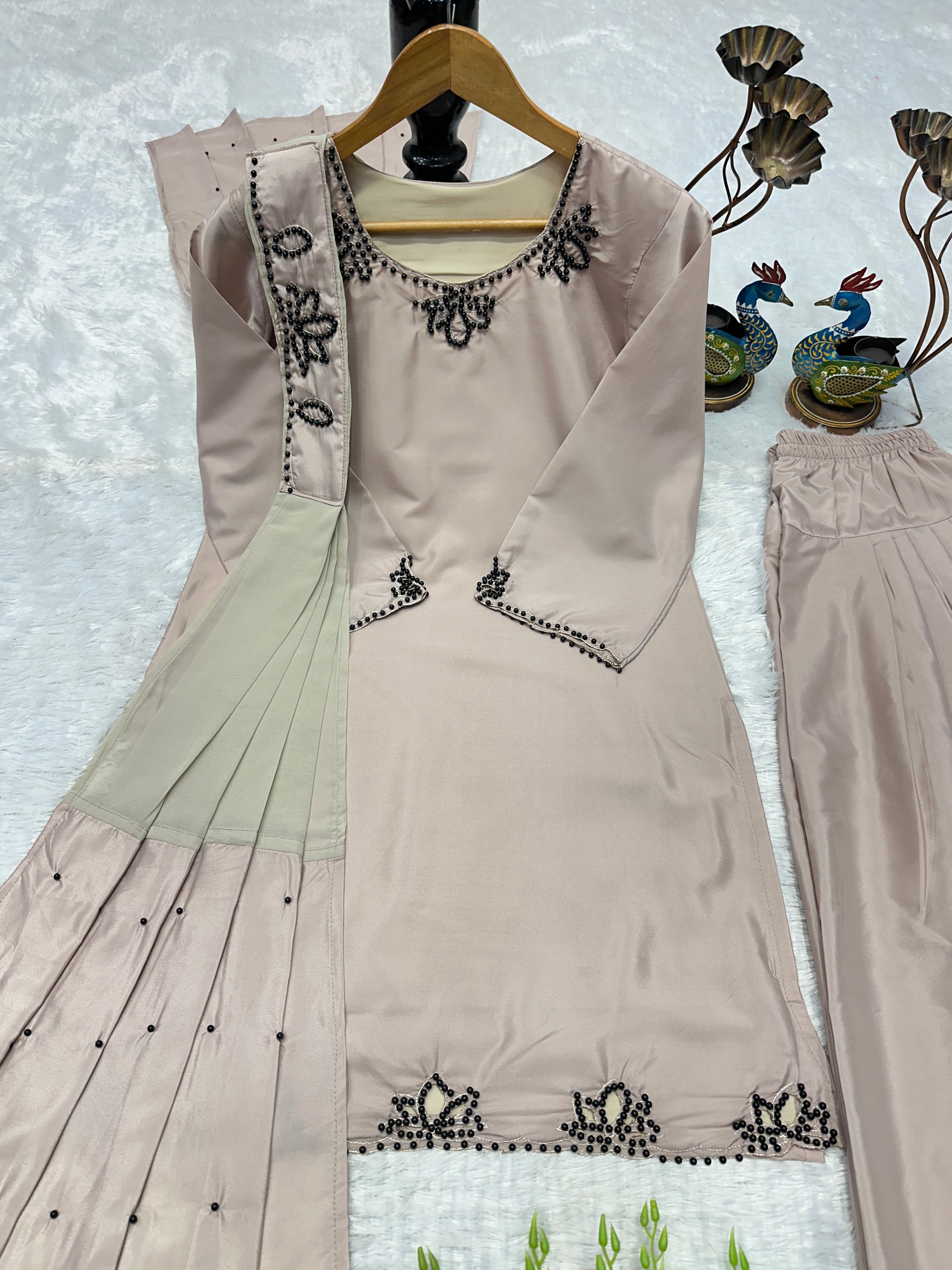 Wedding Wear Heavy Crepe Farsi Salwar Suit Set with Pearl Moti Work